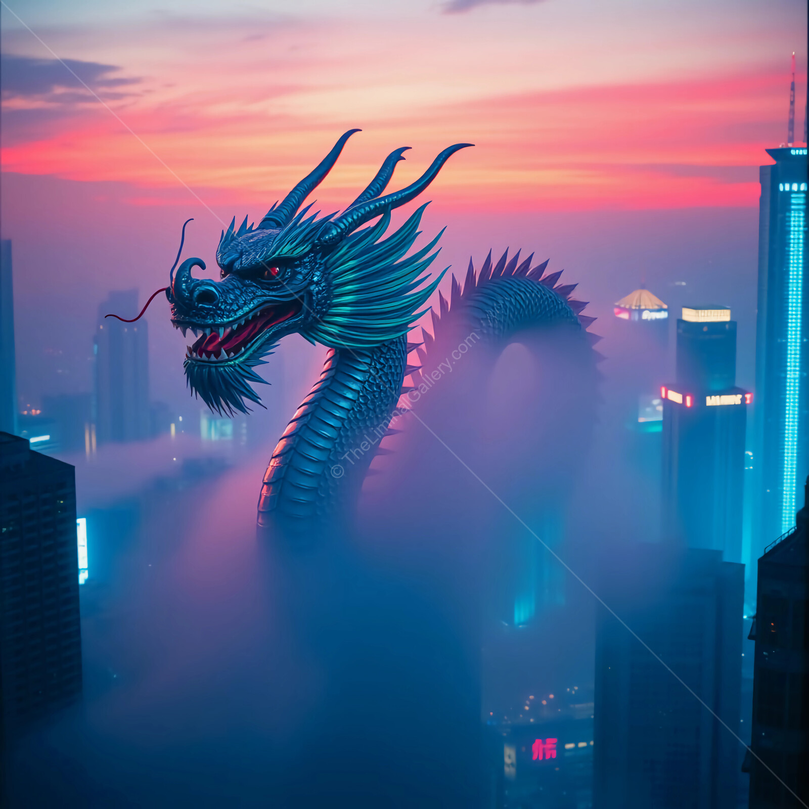 Majestic dragon emerges through city fog at sunset in a breathtaking urban landscape