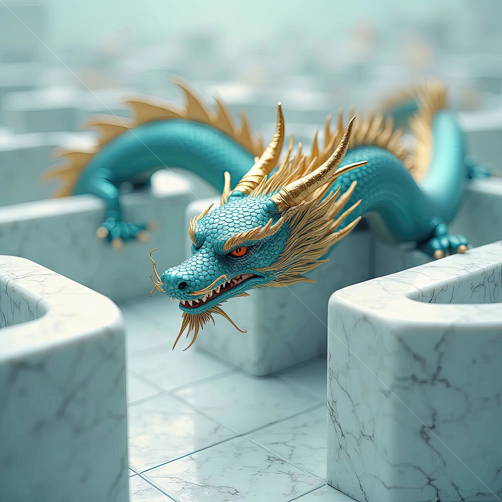 Majestic dragon navigating a marble maze under soft, diffused light