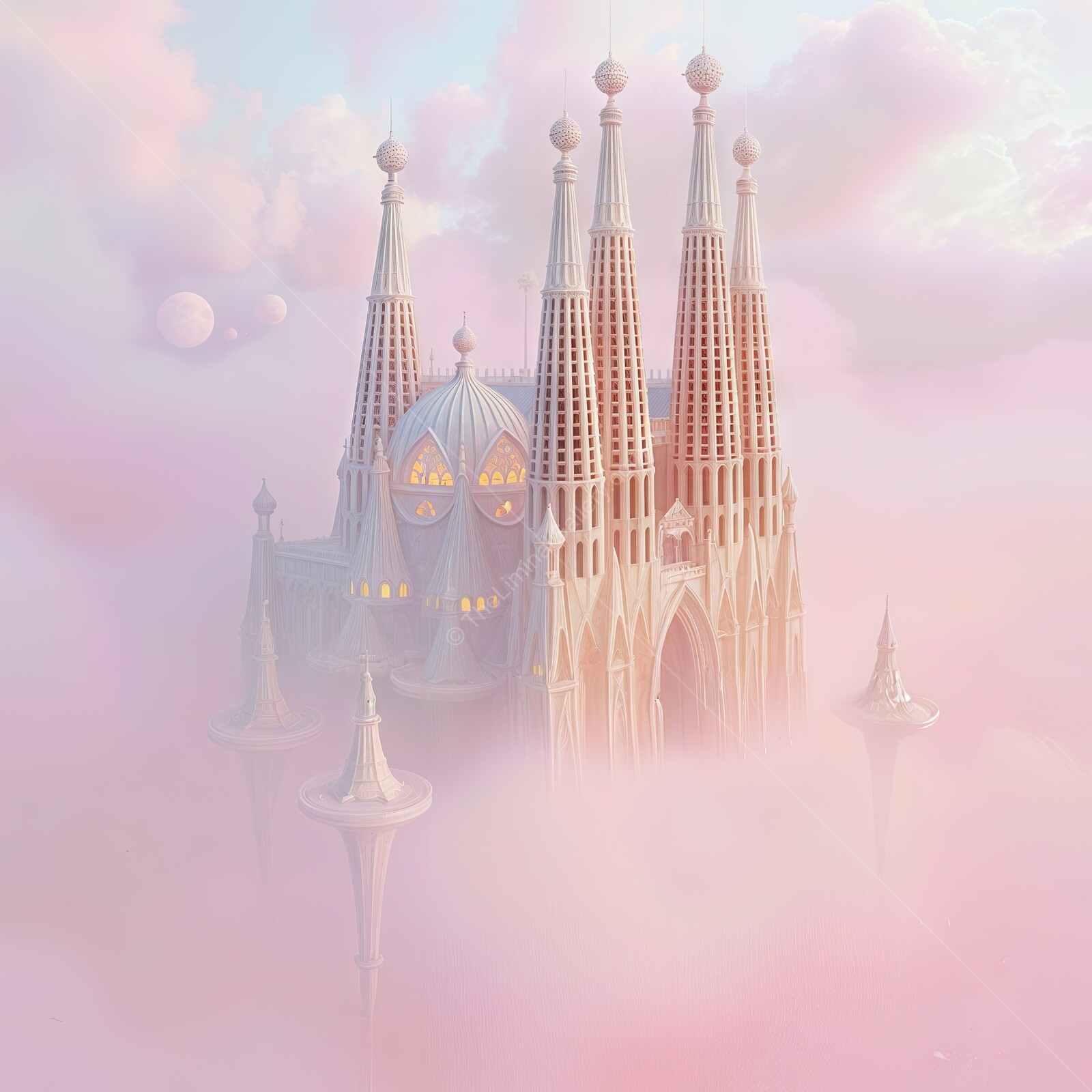 Majestic dreamlike castle rising above soft pink clouds at dawn in a whimsical fantasy landscape