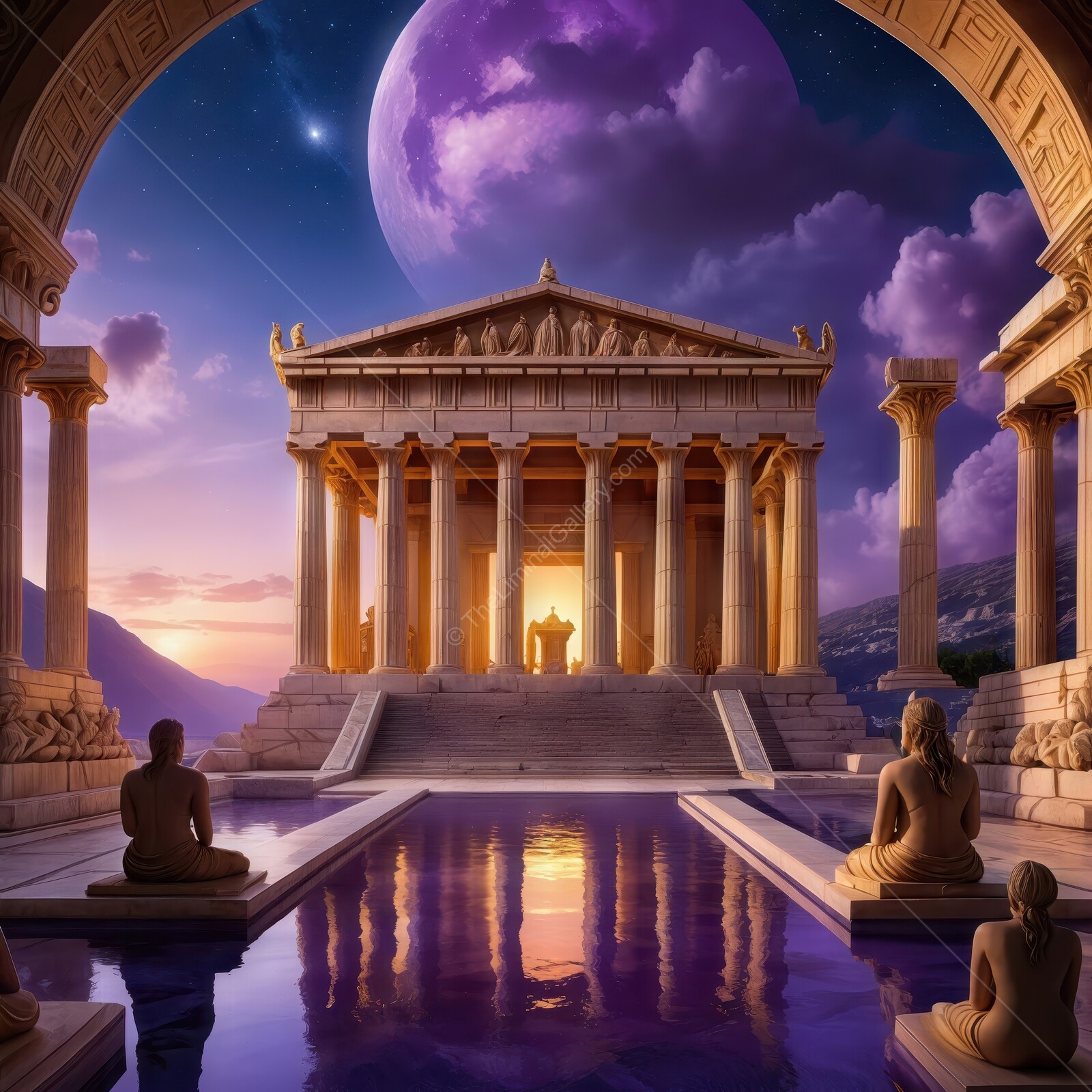 Majestic Greek temple at dusk surrounded by serene waters and celestial wonders in a mythical landscape