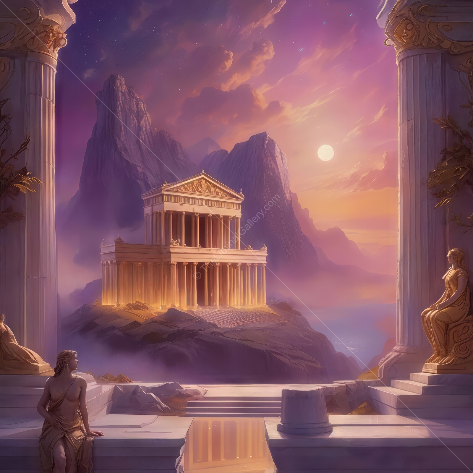 Majestic Greek ancient temple under a glowing moon with mythical figures in serene twilight