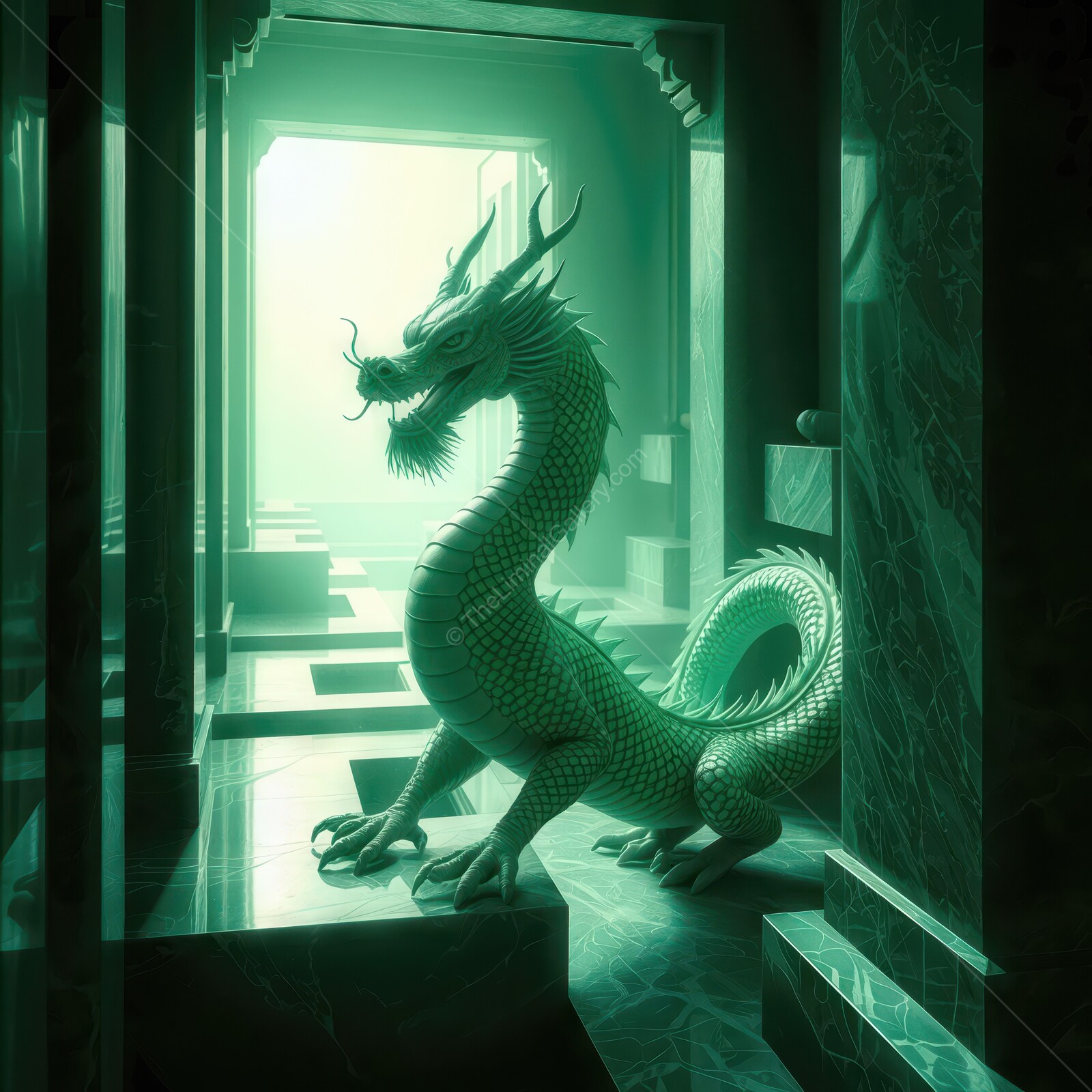 Majestic liminal green dragon resting in a mystic marble chamber illuminated by ethereal light