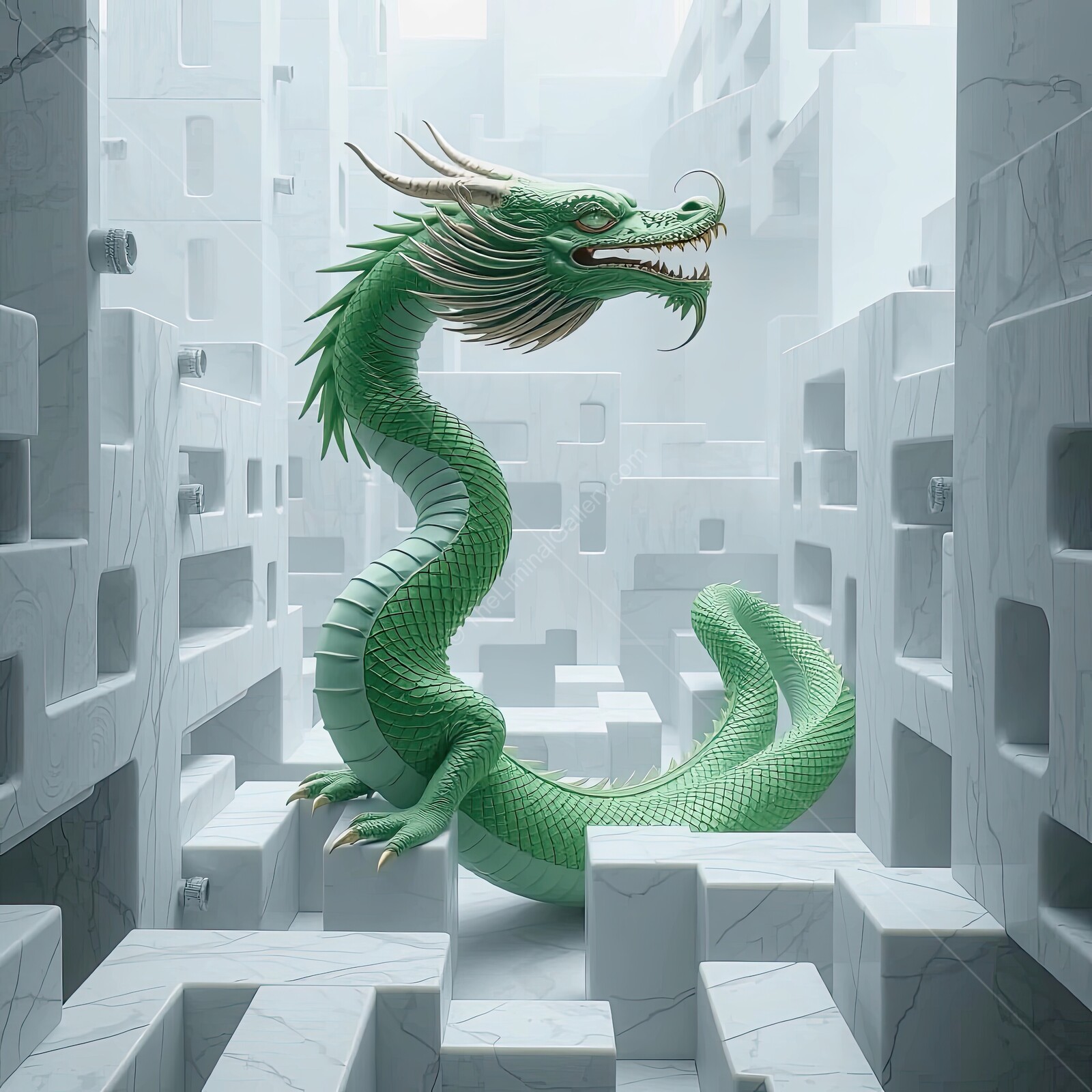 Majestic green dragon coiling through a surreal urban landscape filled with geometric shapes