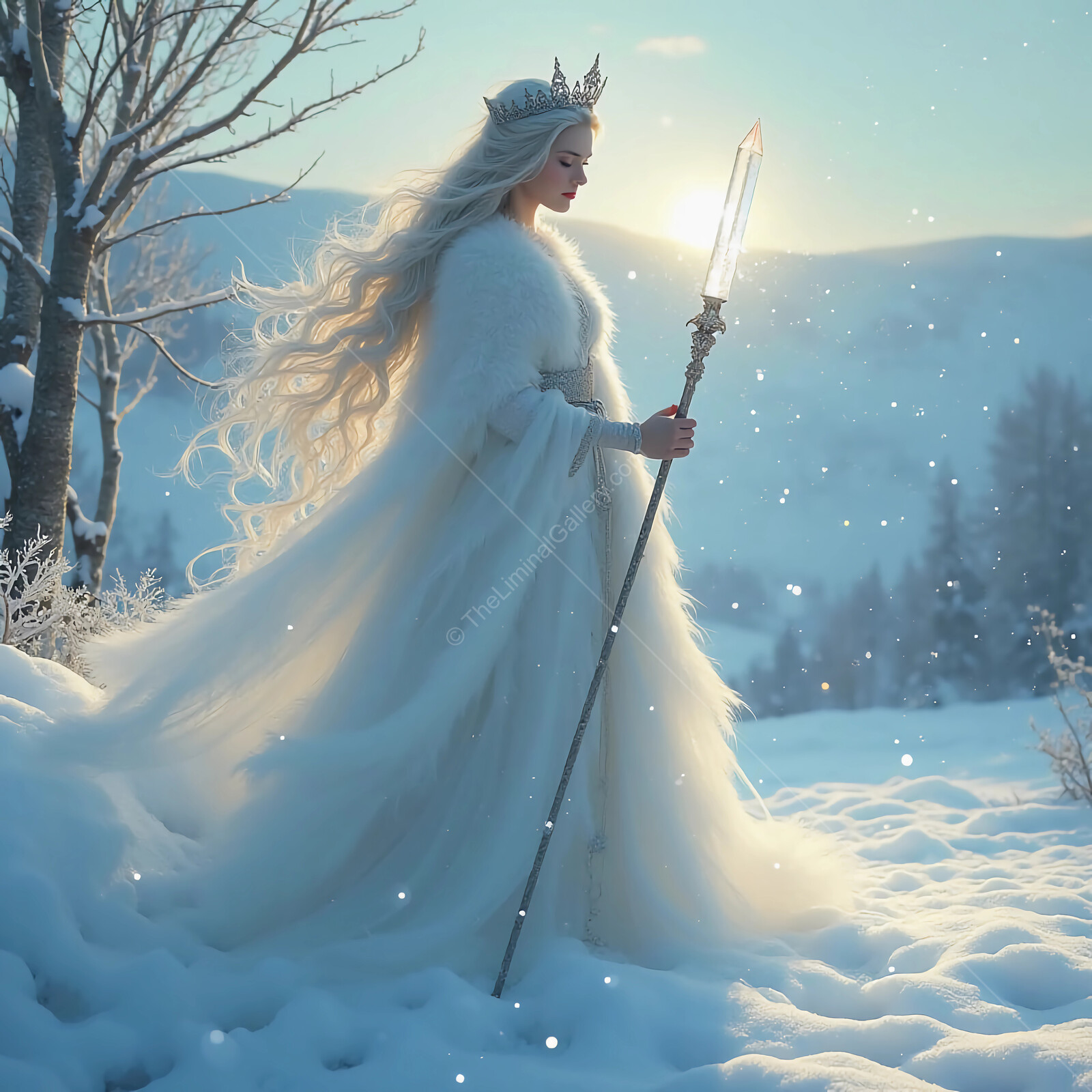 Majestic ice queen wanders through a serene winter landscape at dawn