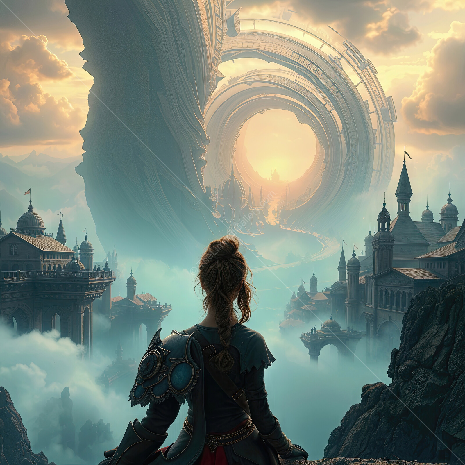 Majestic journey through a mystical landscape with ancient ruins and a glowing portal