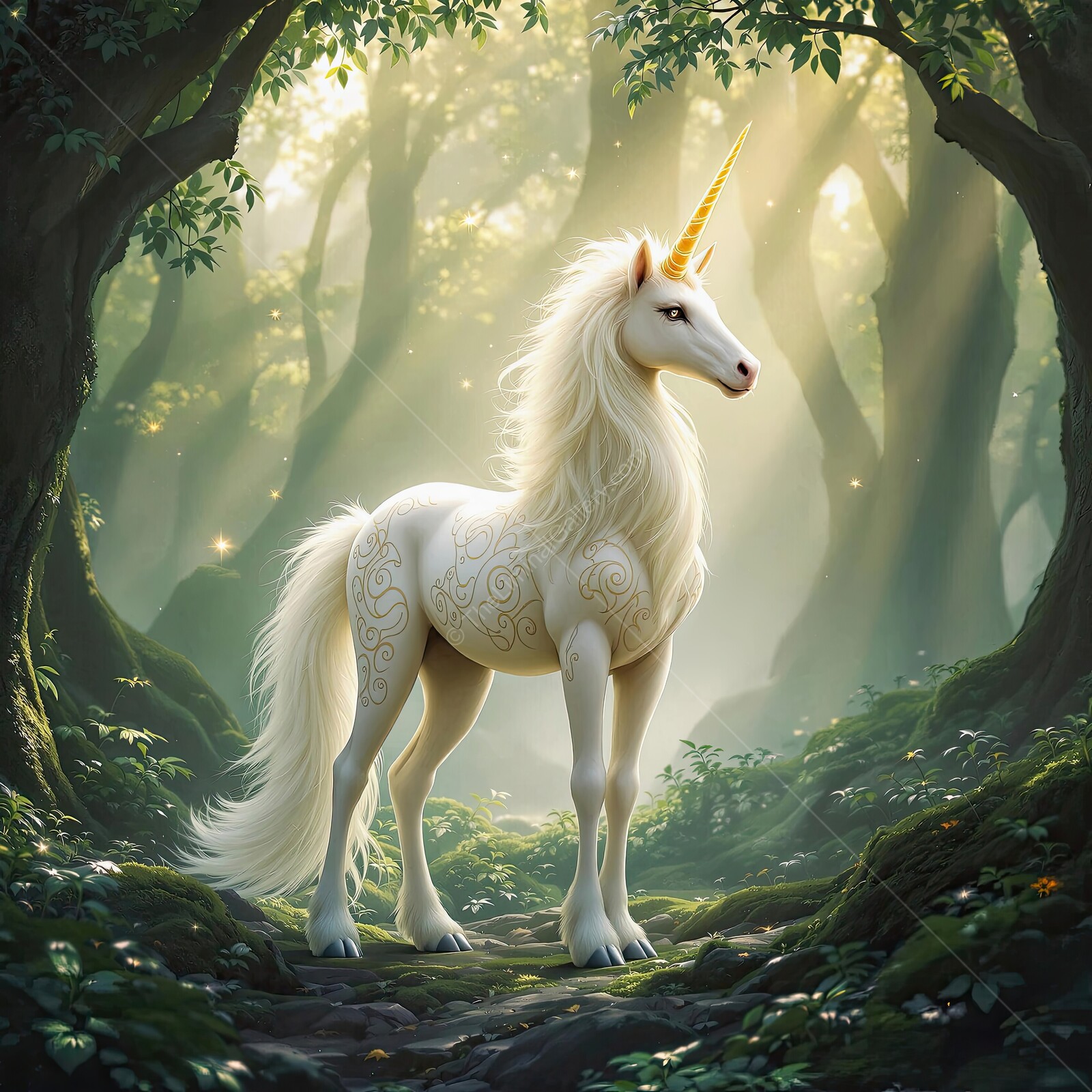 Majestic unicorn stands in an enchanted forest at dawn, surrounded by shimmering light and lush greenery