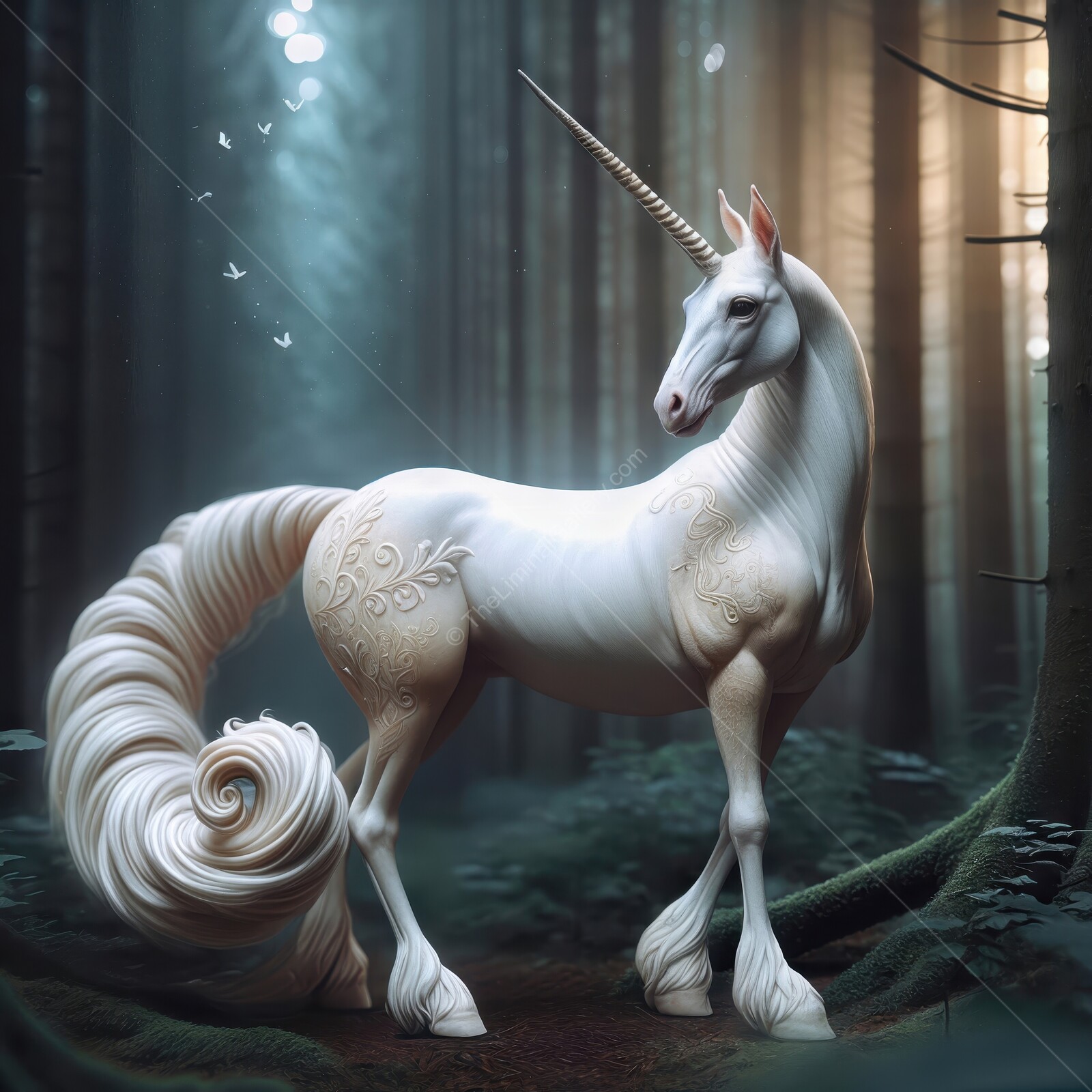 Majestic unicorn standing gracefully in an enchanted forest bathed in soft light at dawn