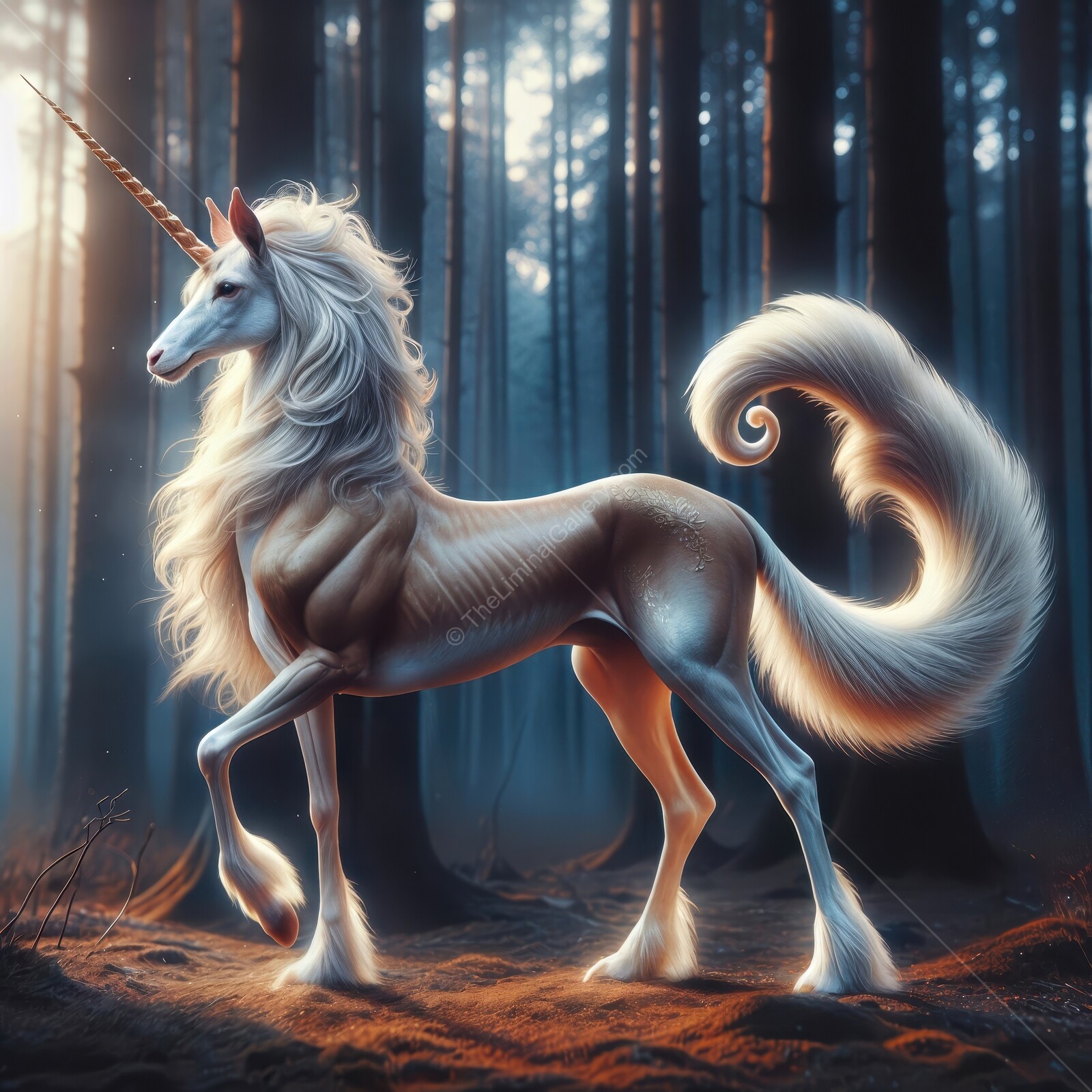 Majestic unicorn gracefully walking through an enchanted forest at dawn with ethereal light glimmering