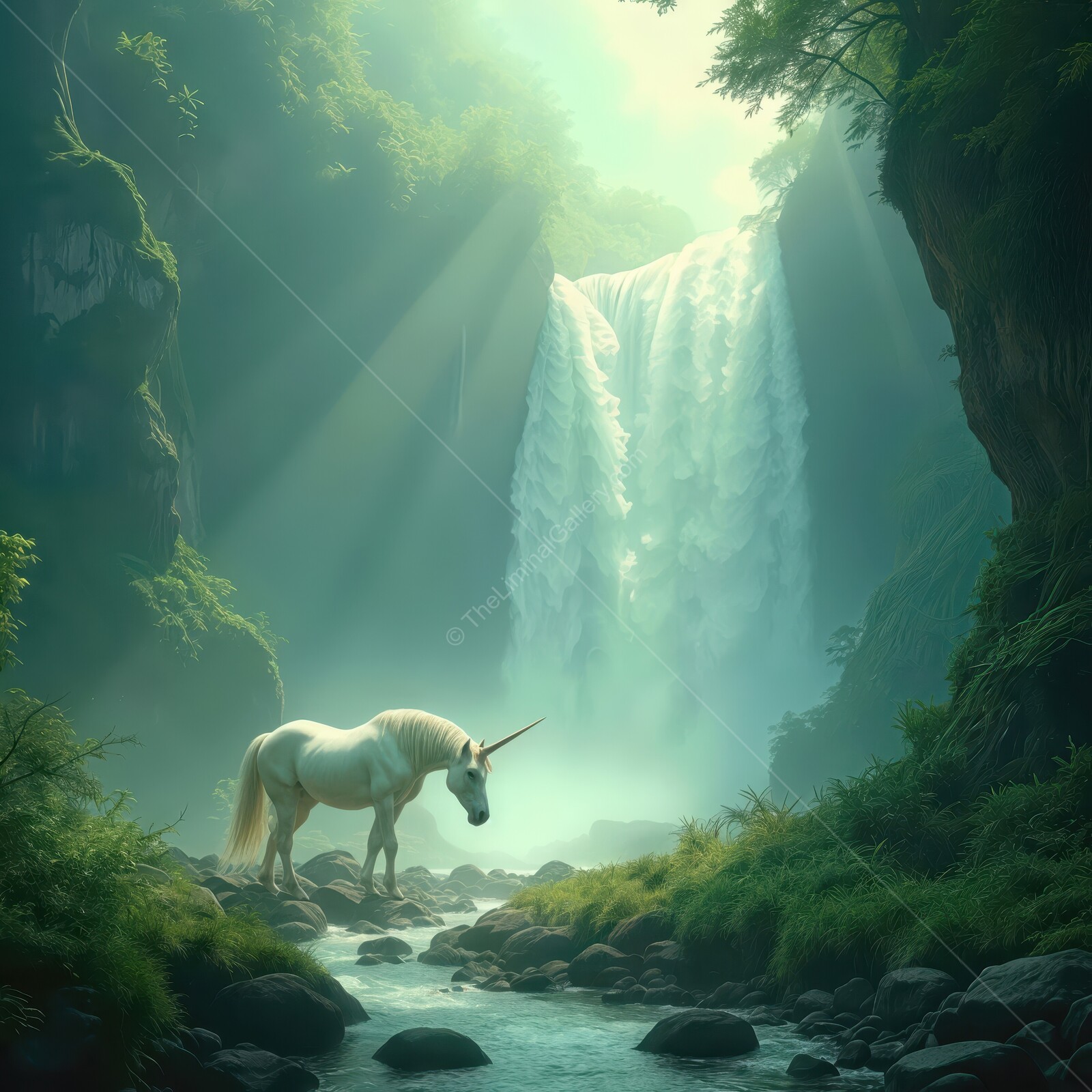 Majestic unicorn standing by a sparkling waterfall in a serene forest setting