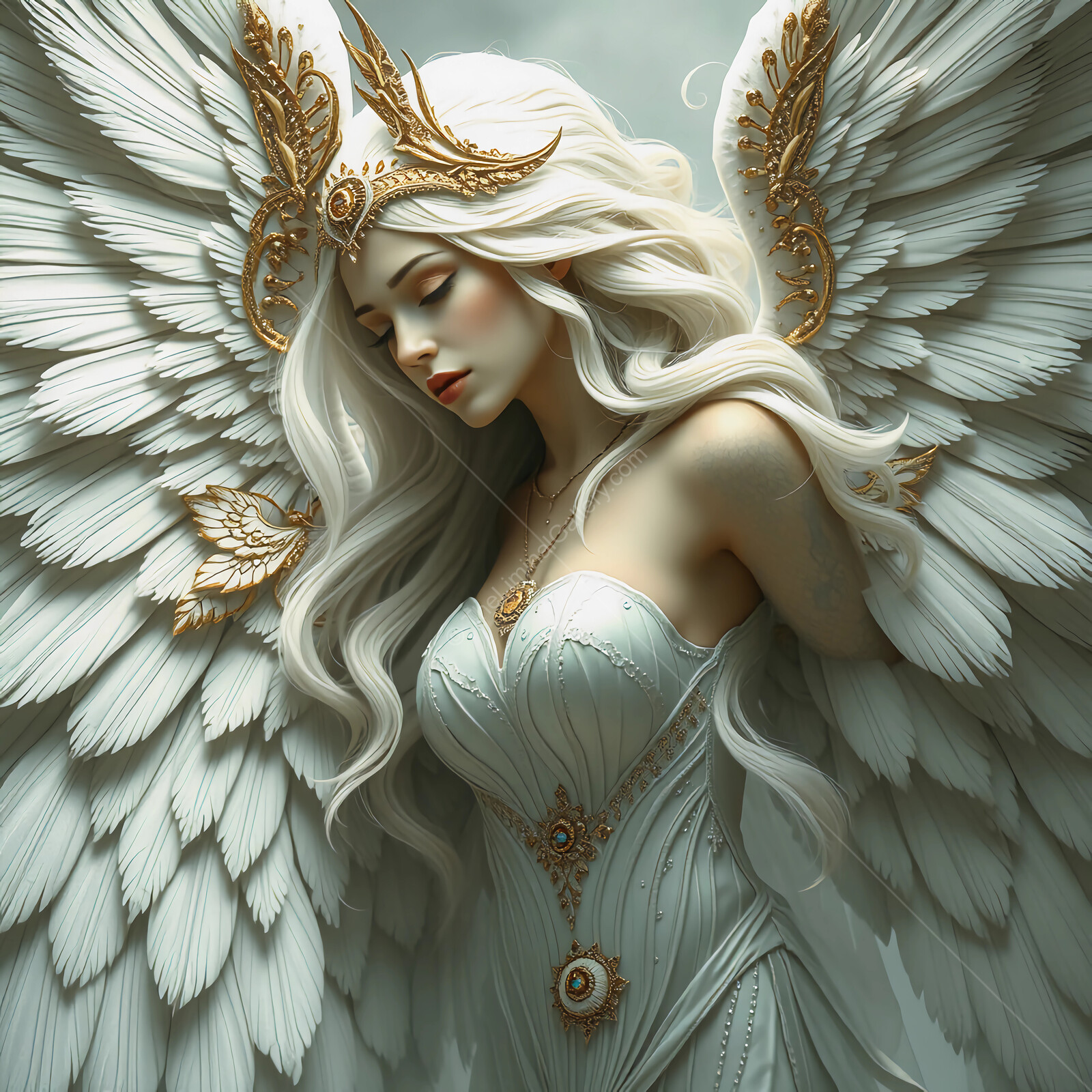 Majestic valkyrie with flowing hair and intricate wings illuminating a serene atmosphere