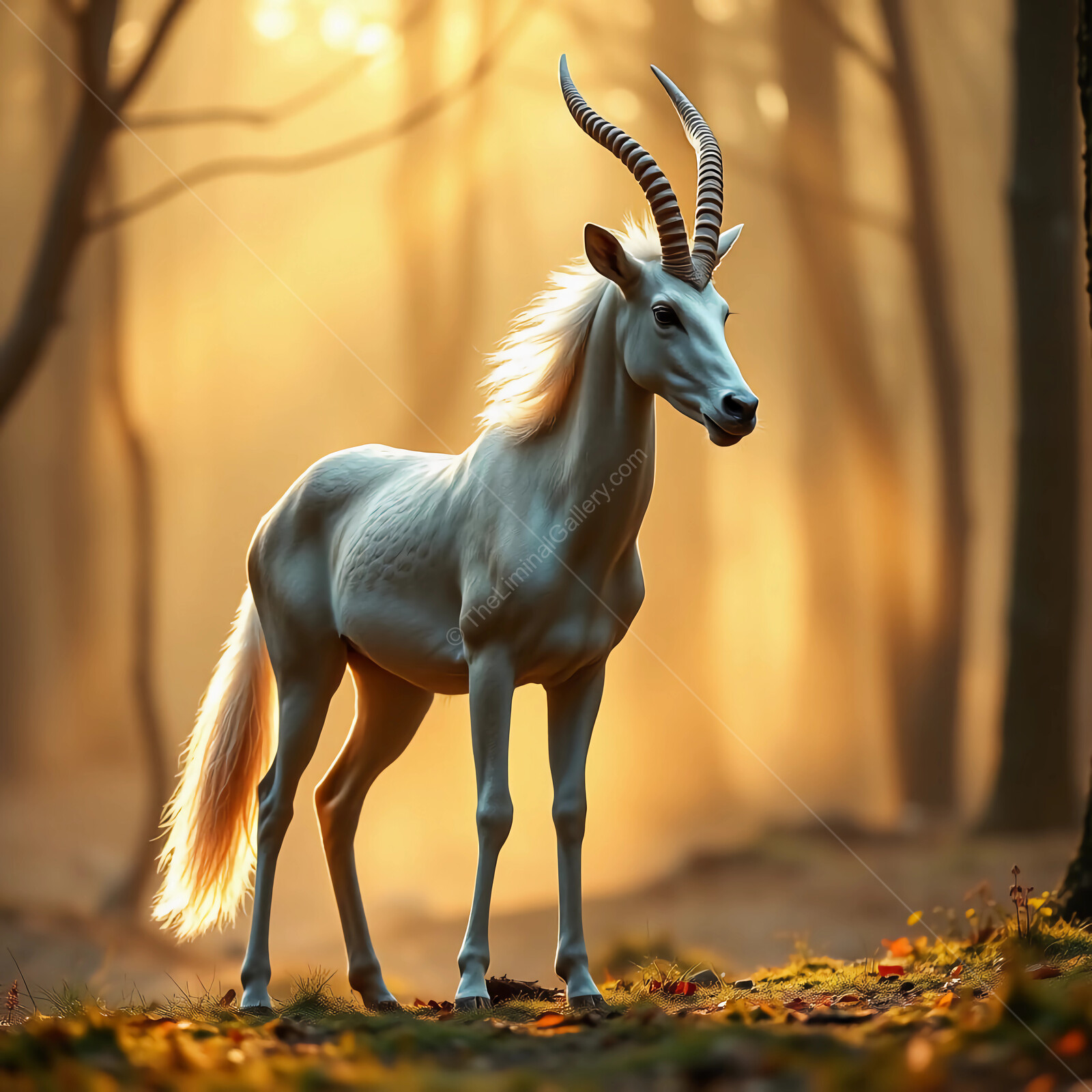 Majestic white creature stands gracefully in enchanted forest at dusk