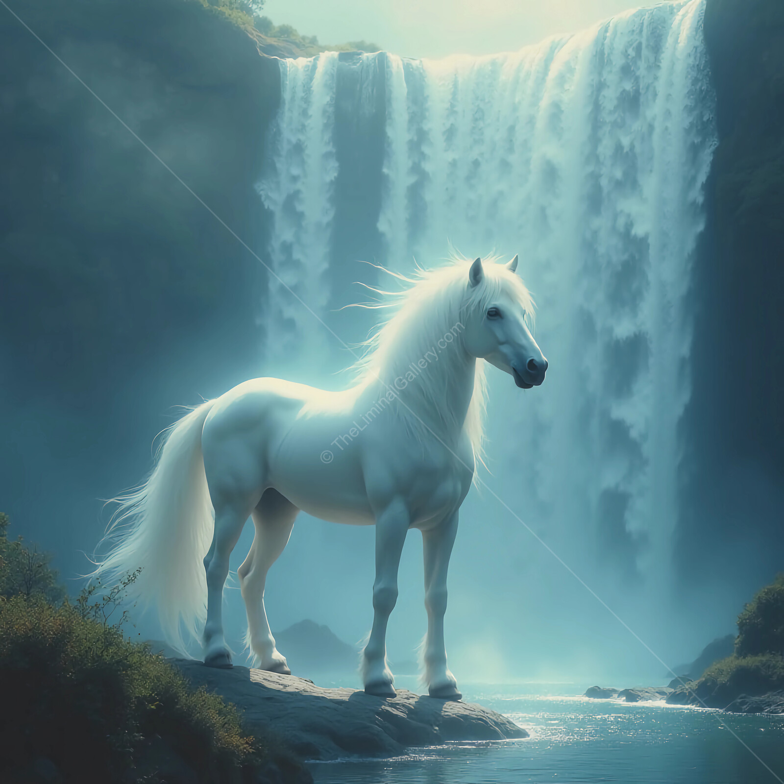 Majestic white horse standing serene by a cascading waterfall in a mystical landscape at dawn