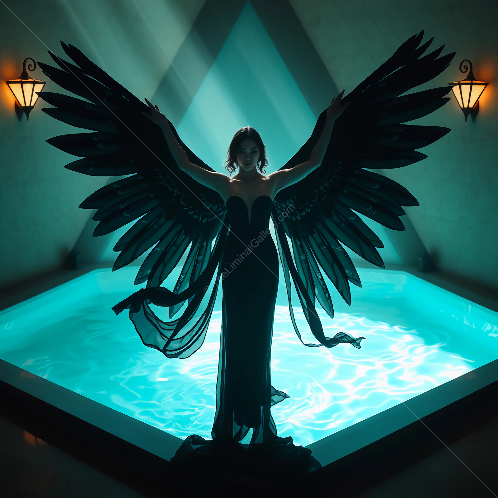 Majestic angel with wings poised above a shimmering turquoise pool in an enchanting setting