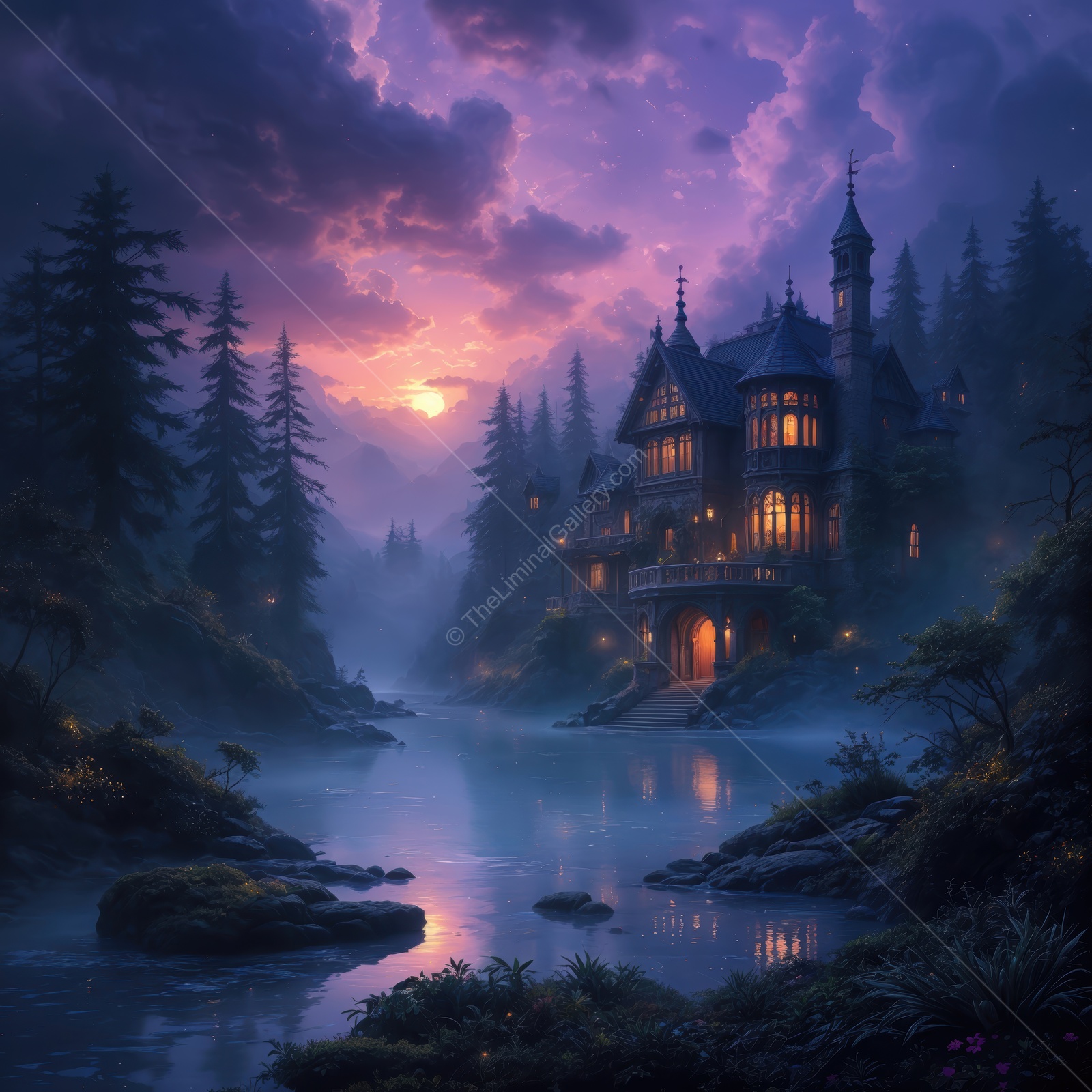Mysterious mansion surrounded by fog under a vibrant sunset sky near a tranquil lake