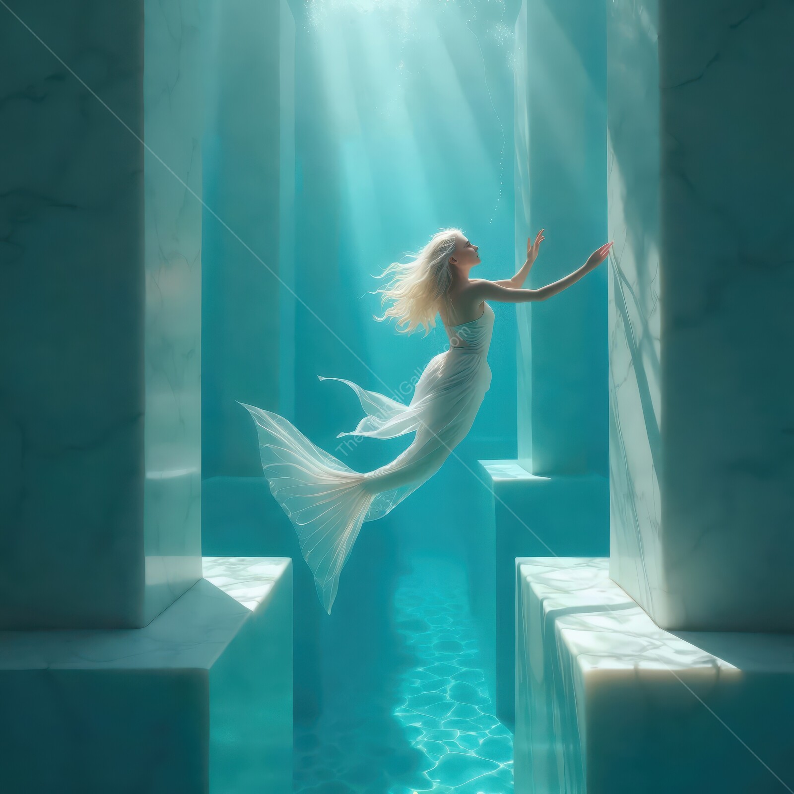 Mermaid gliding gracefully through a sunlit underwater liminal realm made of marble structures