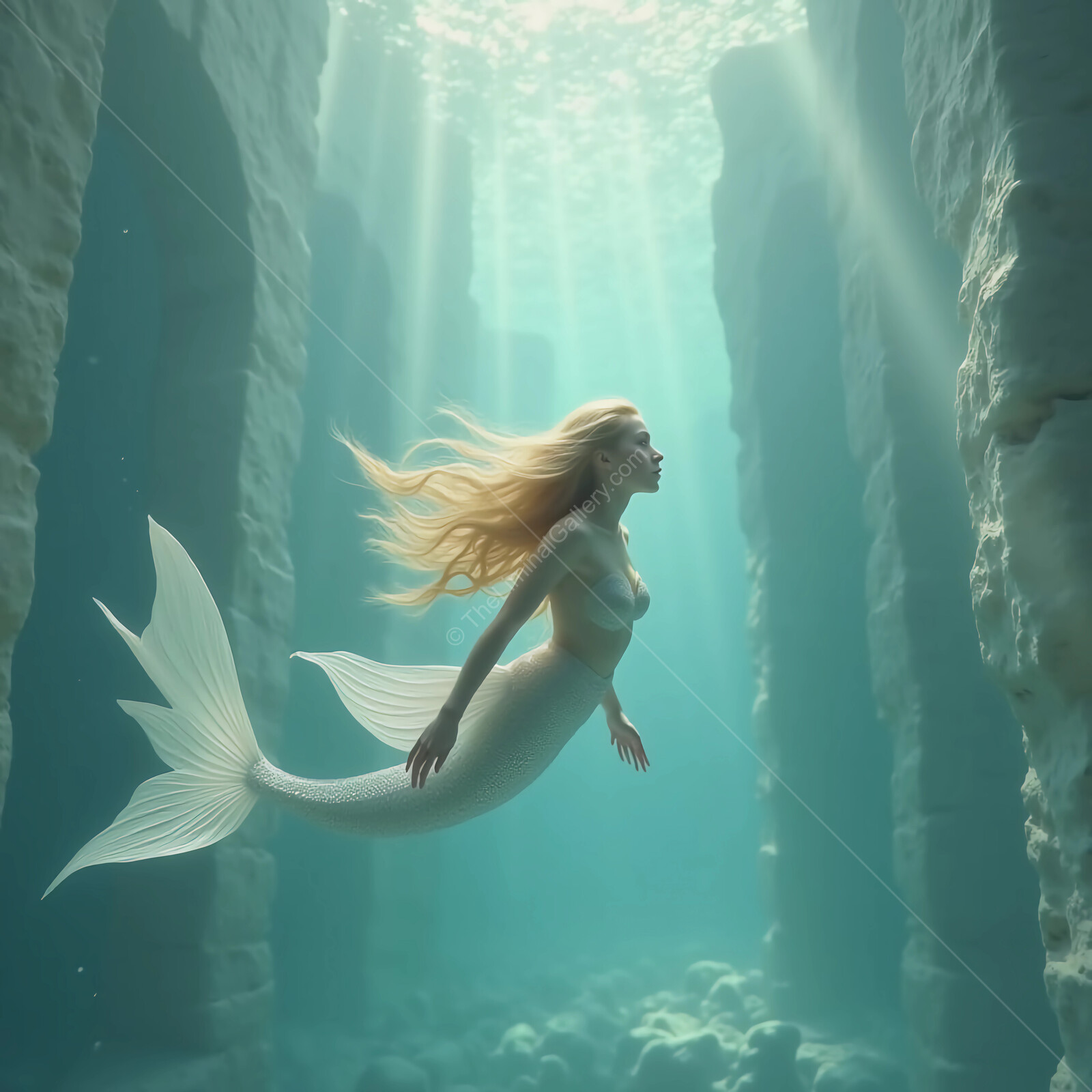 Enchanting underwater realm with The Little Mermaid exploring ancient ruins at sunrise