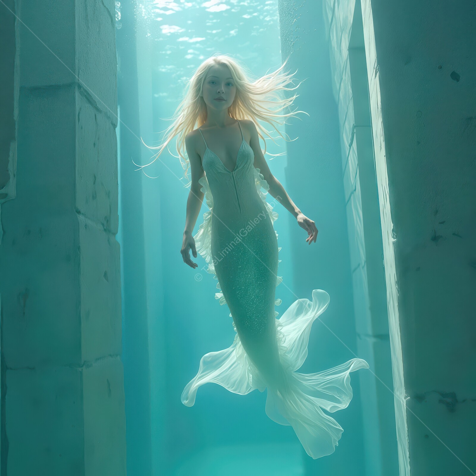 The Little Mermaid swimming gracefully through ancient ruins in a serene underwater setting