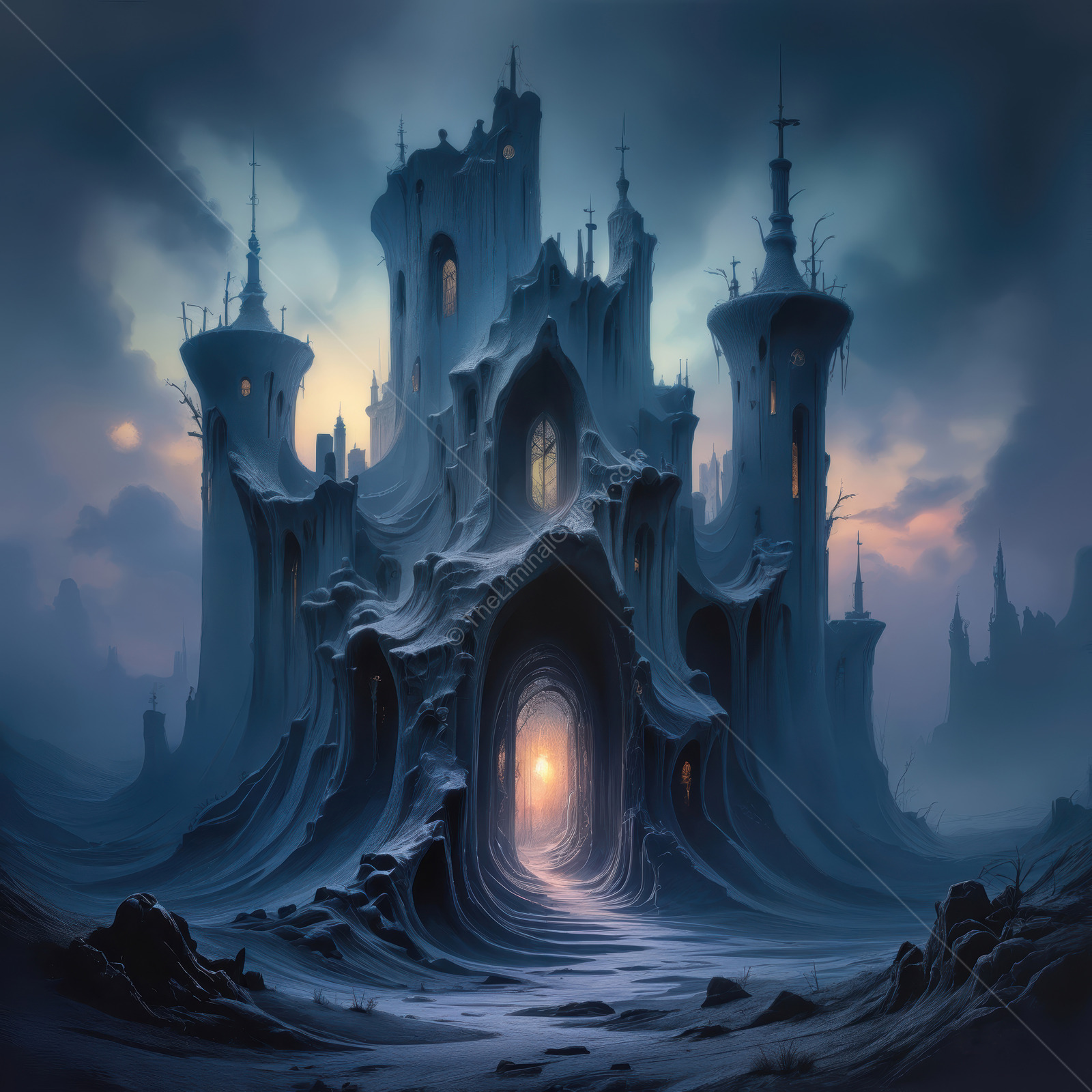 Mysterious castle emerges from misty landscape under twilight sky, revealing magical secrets hidden within