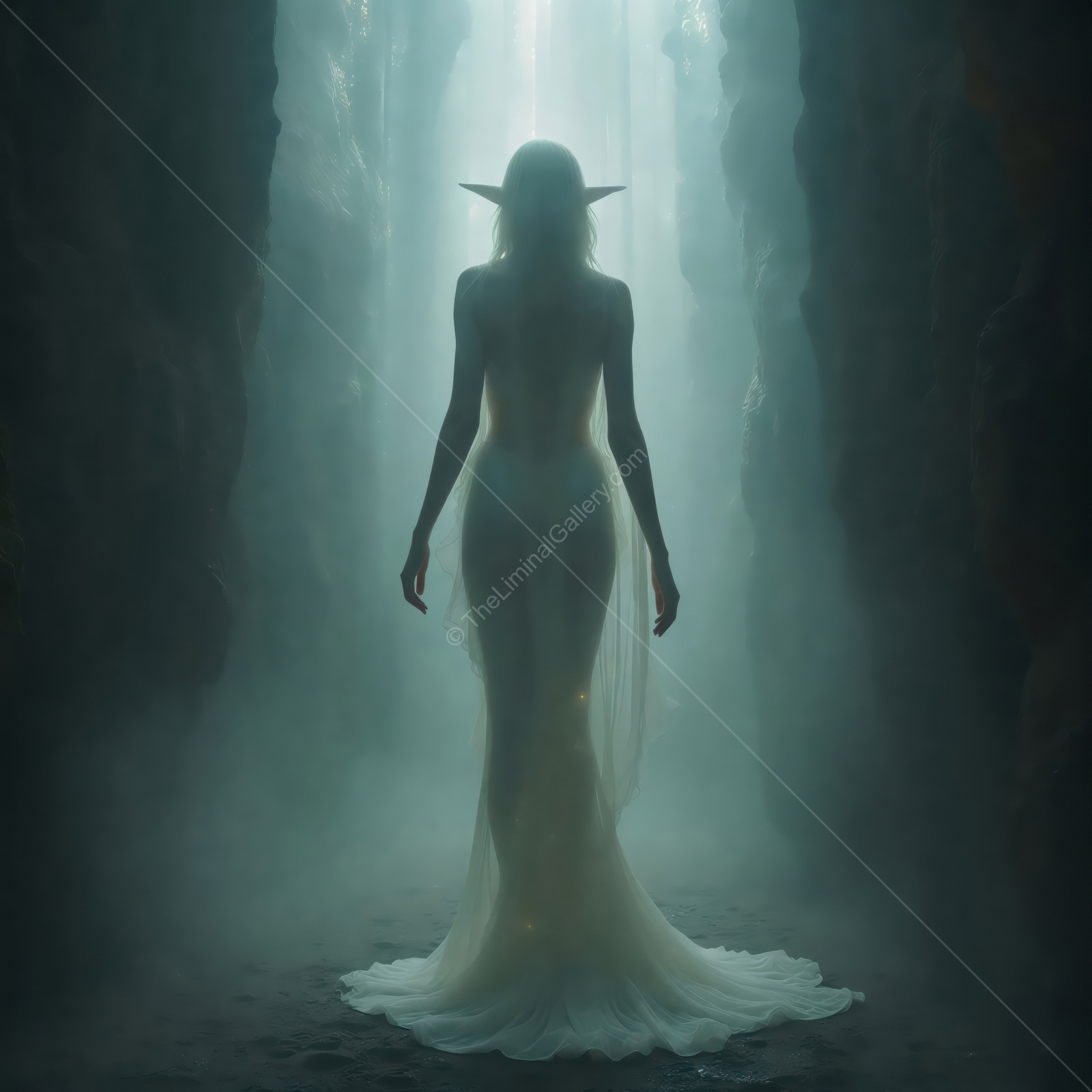 Ethereal figure walks through mystical fog in a hidden cavern at twilight
