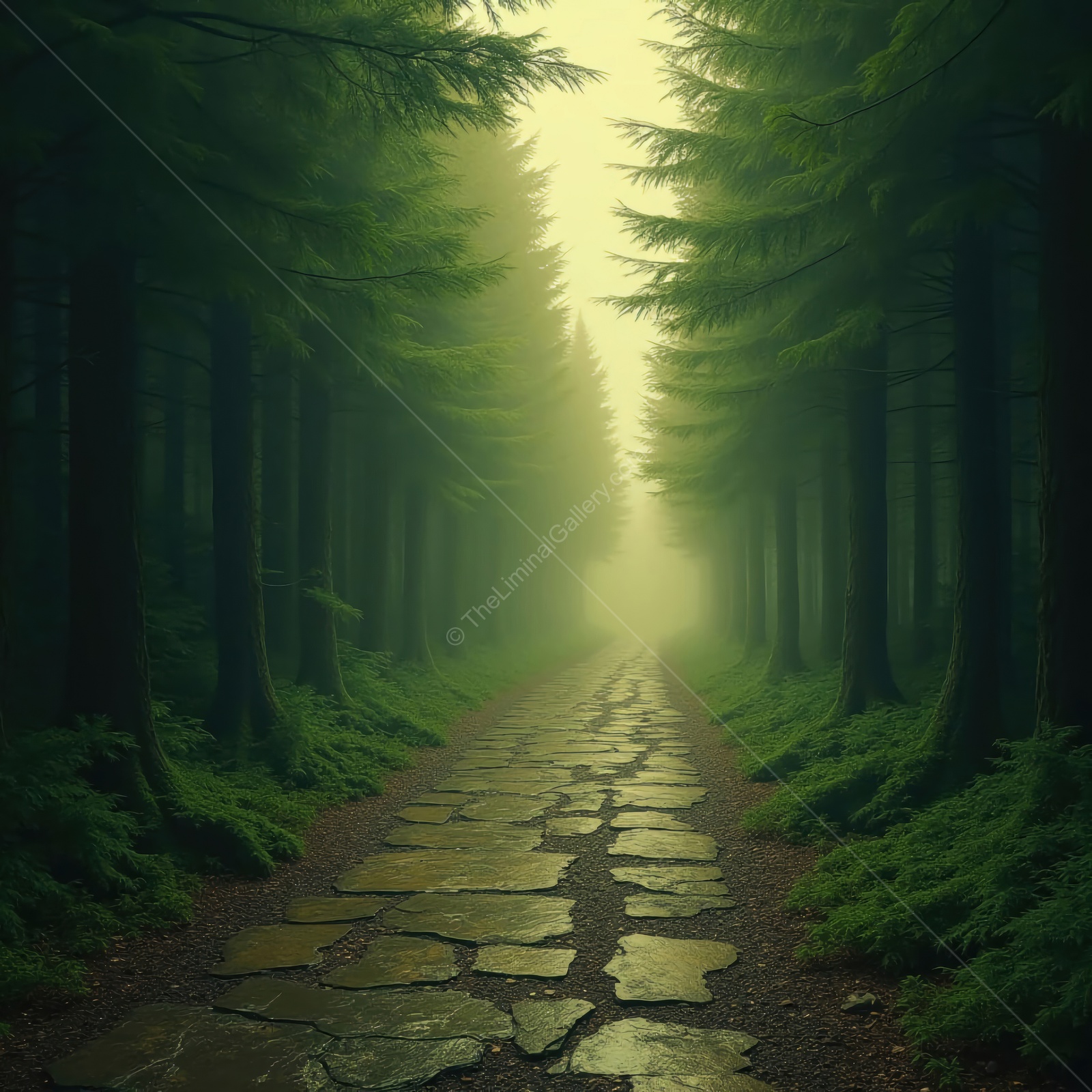 Misty forest pathway invites exploration through tall trees and soft green light of early morning