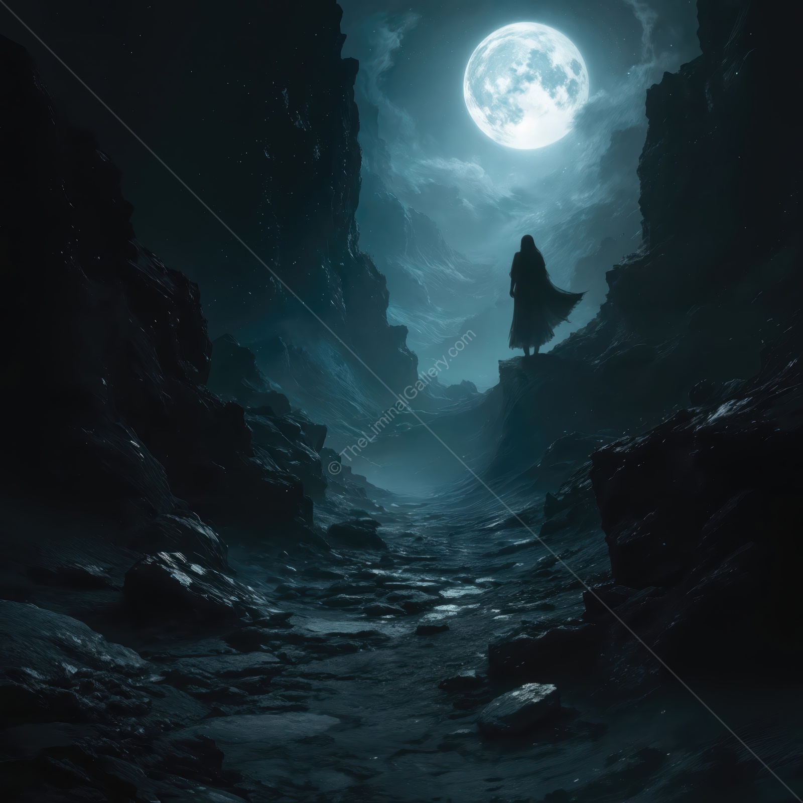 Mysterious figure walking through a moonlit canyon at night with shadows dancing around