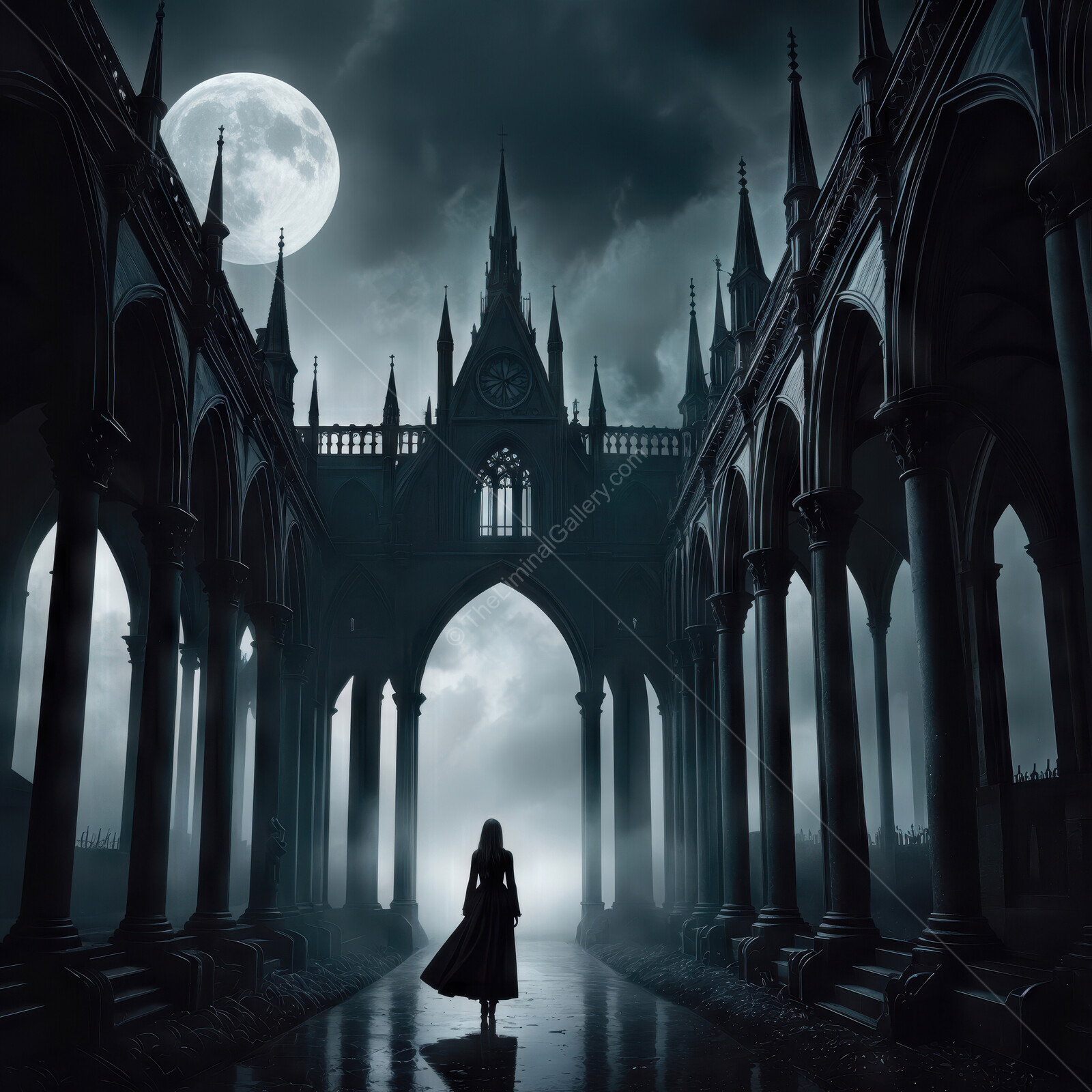 Mysterious vampire wandering through a haunting gothic archway under a full moon