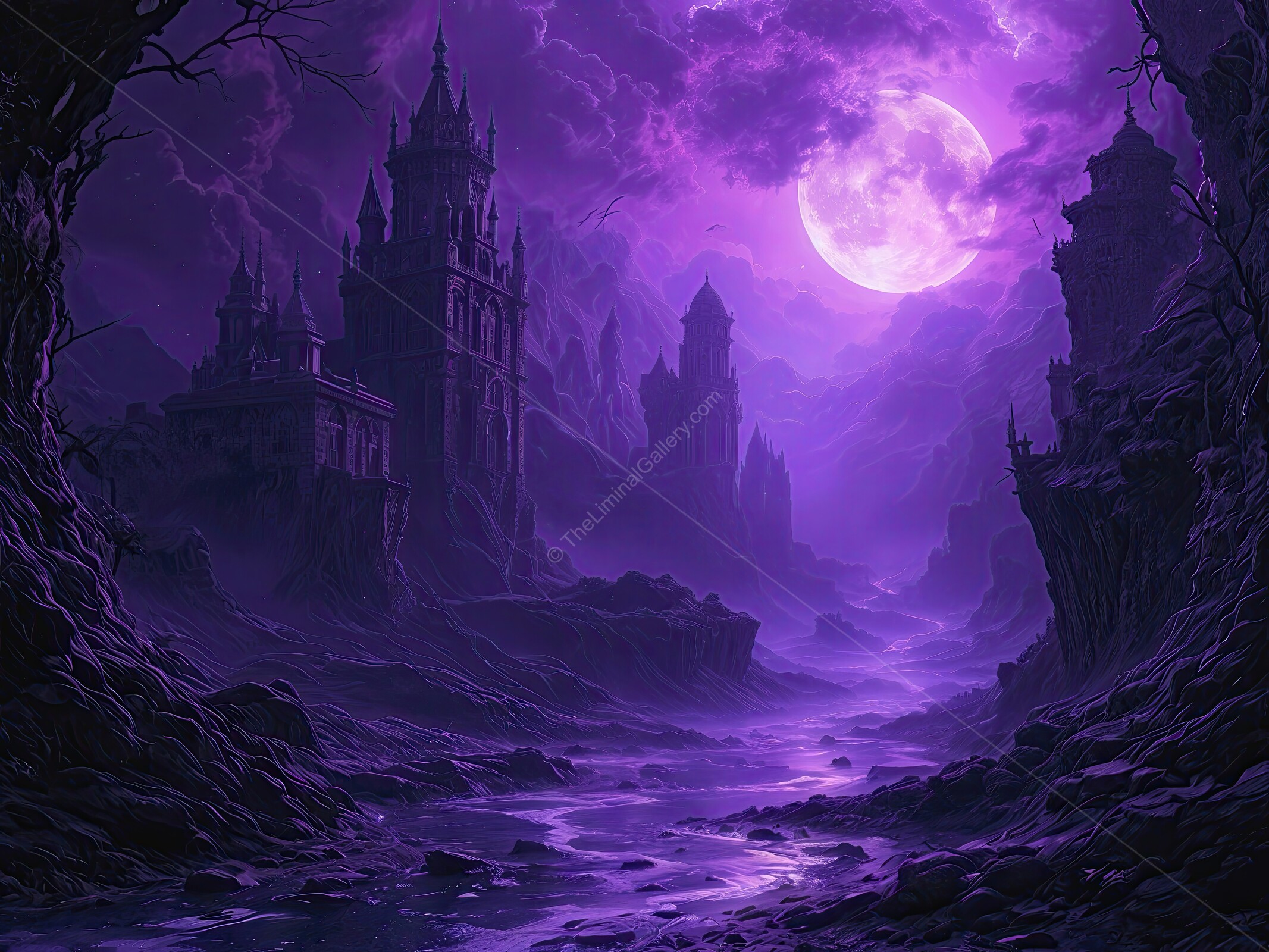 Eerie castles rise under a vibrant full moon in a mystical purple landscape