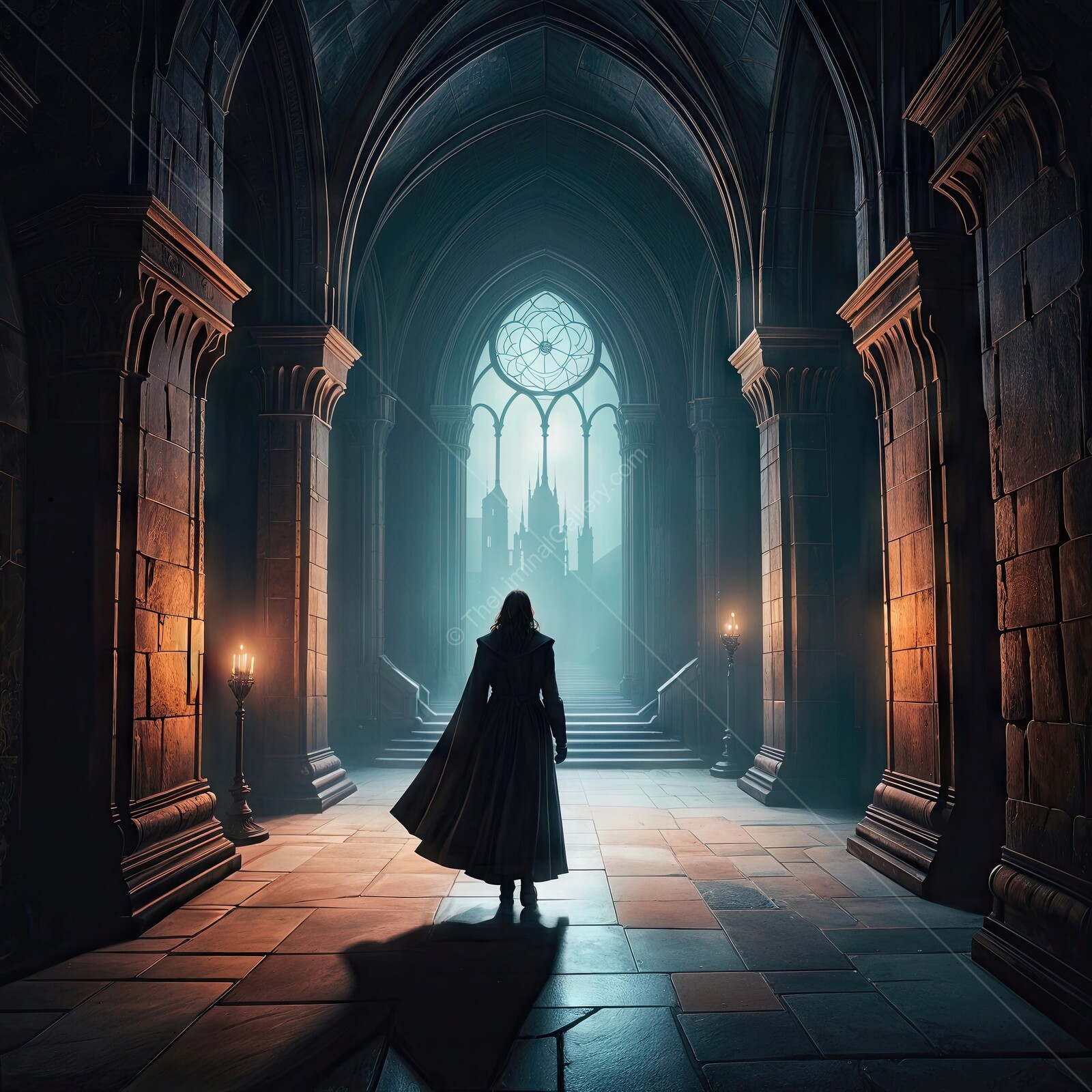 Mysterious vampire hunter exploring ancient cathedral at twilight, shadows dancing with flickering light