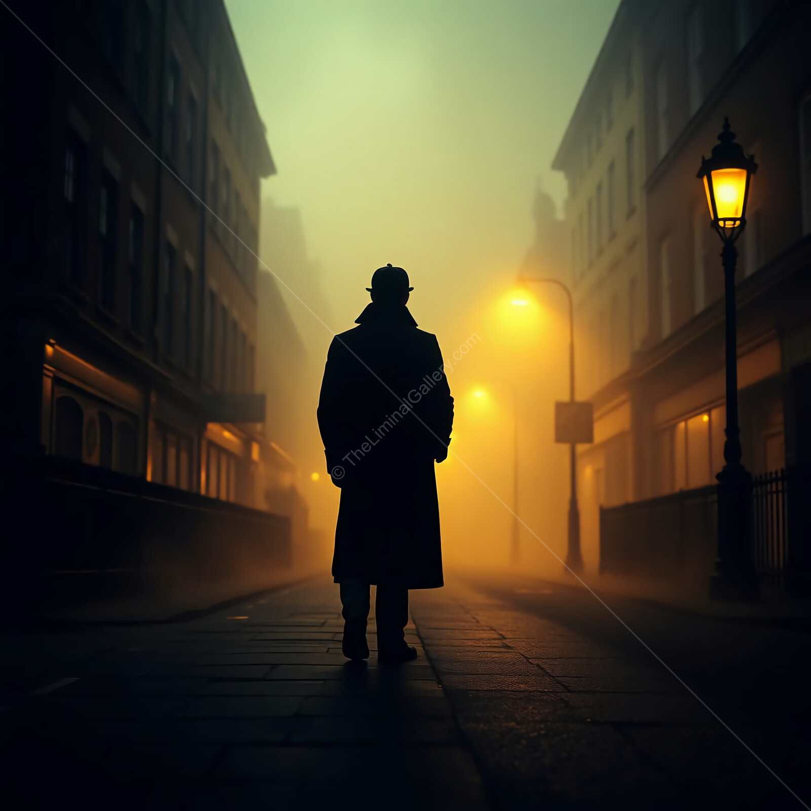 Sherlock Holmes stands alone in foggy street illuminated by vintage lanterns at dusk