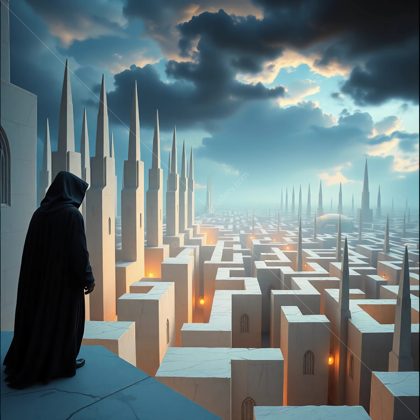 Mysterious figure gazes over an enigmatic maze under a dramatic sky at dusk