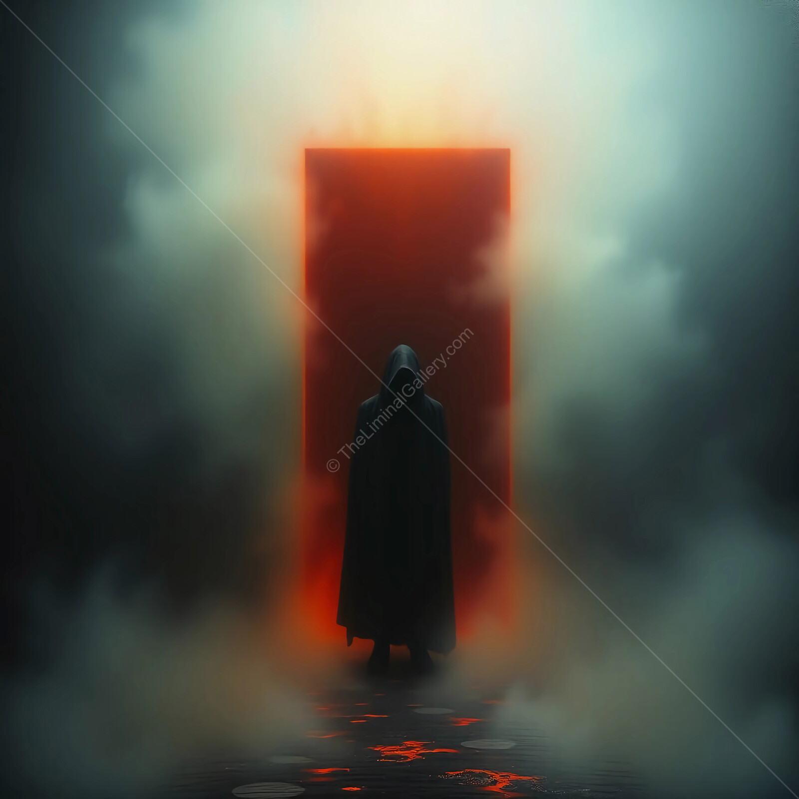 Mysterious figure steps through glowing portal in a foggy ambiance captured at twilight