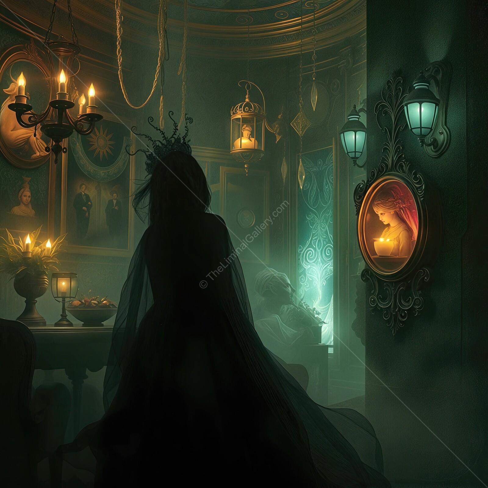 Mysterious undead gathering in an enchanted room filled with shadows and light