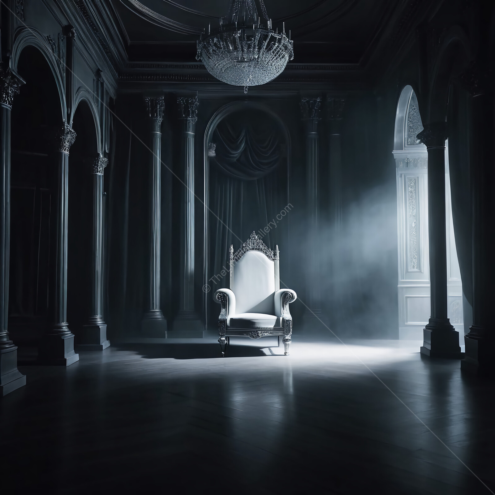 Mysterious grand hall with an ornate throne illuminated by soft light in an ancient palace