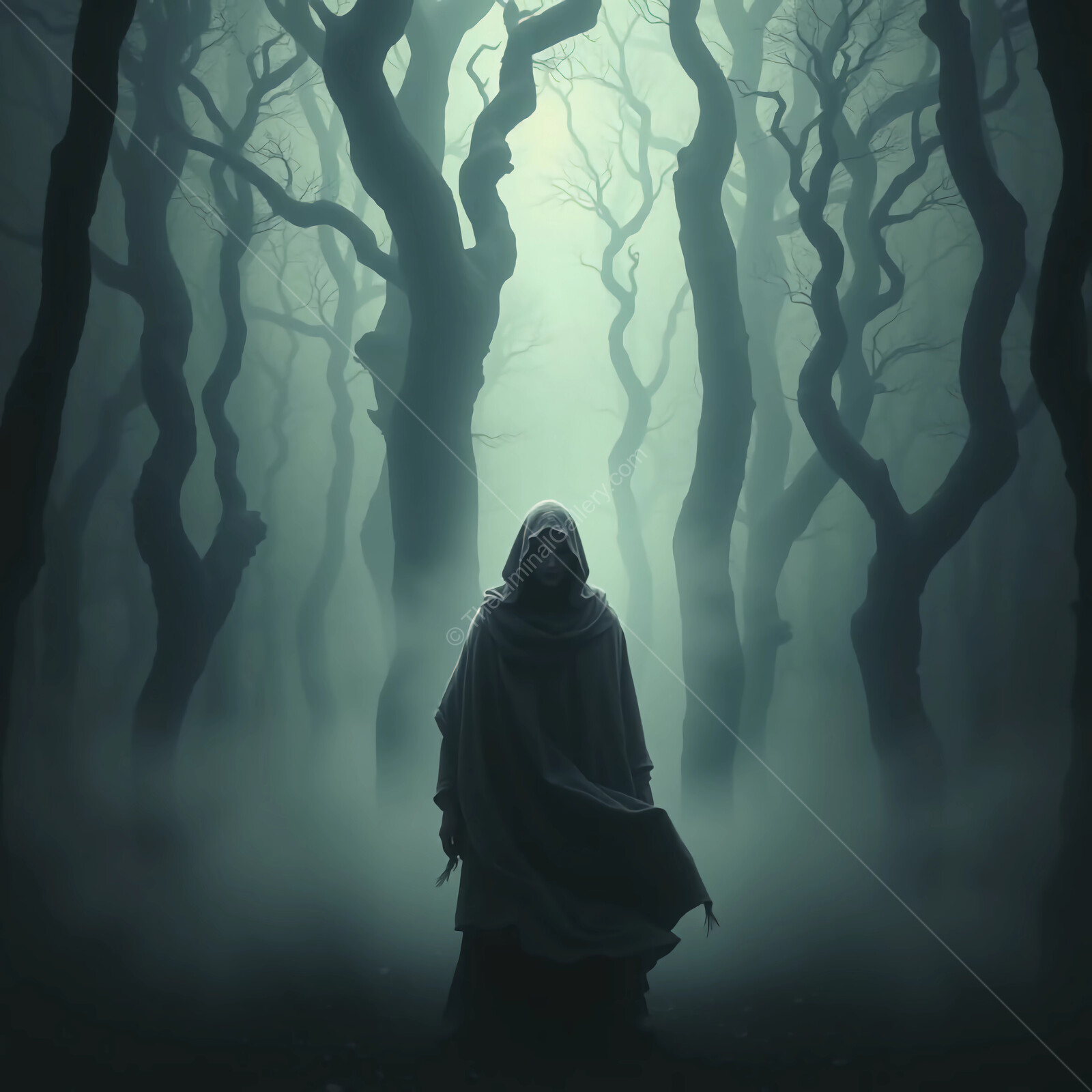Mysterious thief cloaked in shadows wandering through a foggy forest at twilight