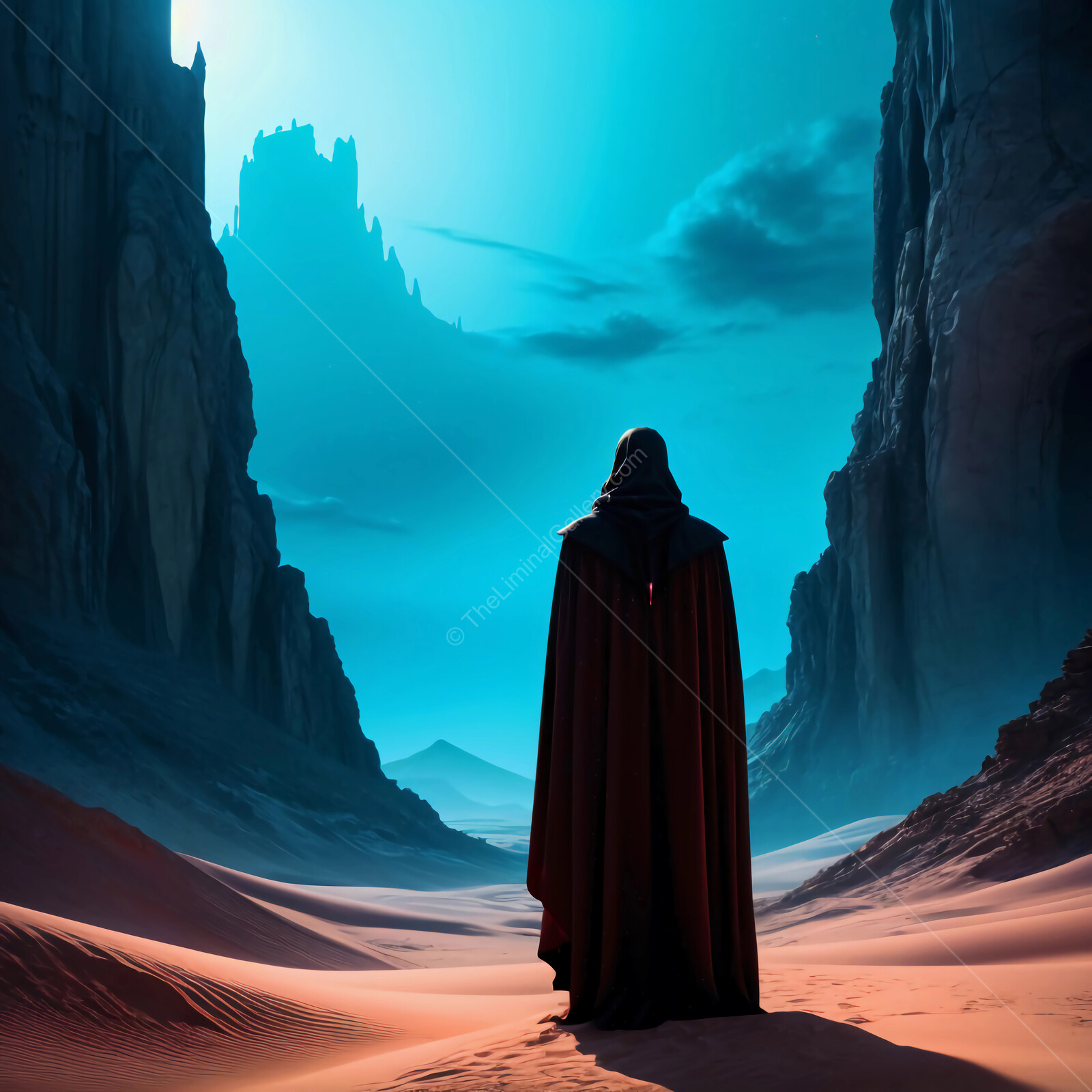 Mysterious traveler stands in desert landscape beneath towering cliffs at twilight