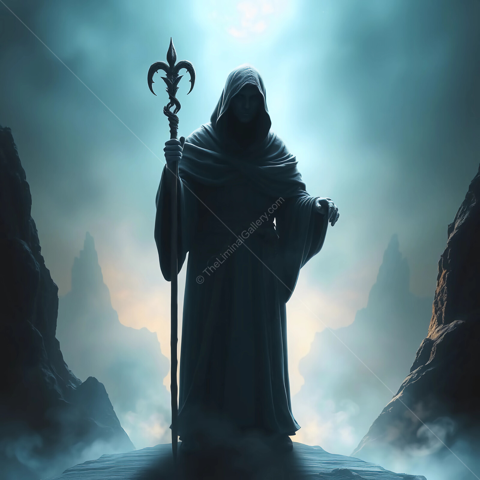 Mysterious cloaked wizard stands in shadowy mist, holding a staff atop a rocky mountain at dawn