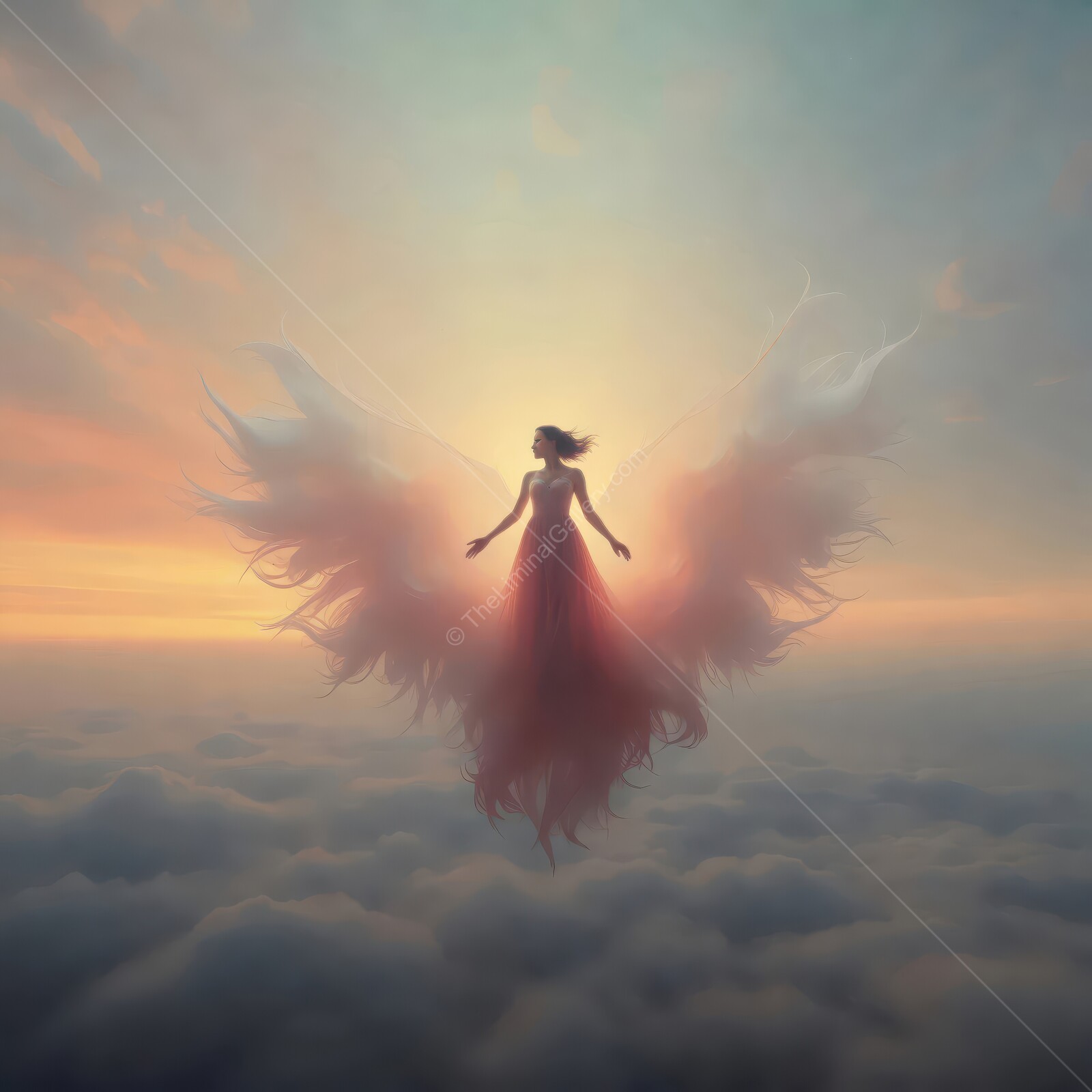 Mystic angel soaring above soft clouds at twilight, capturing the essence of freedom and beauty