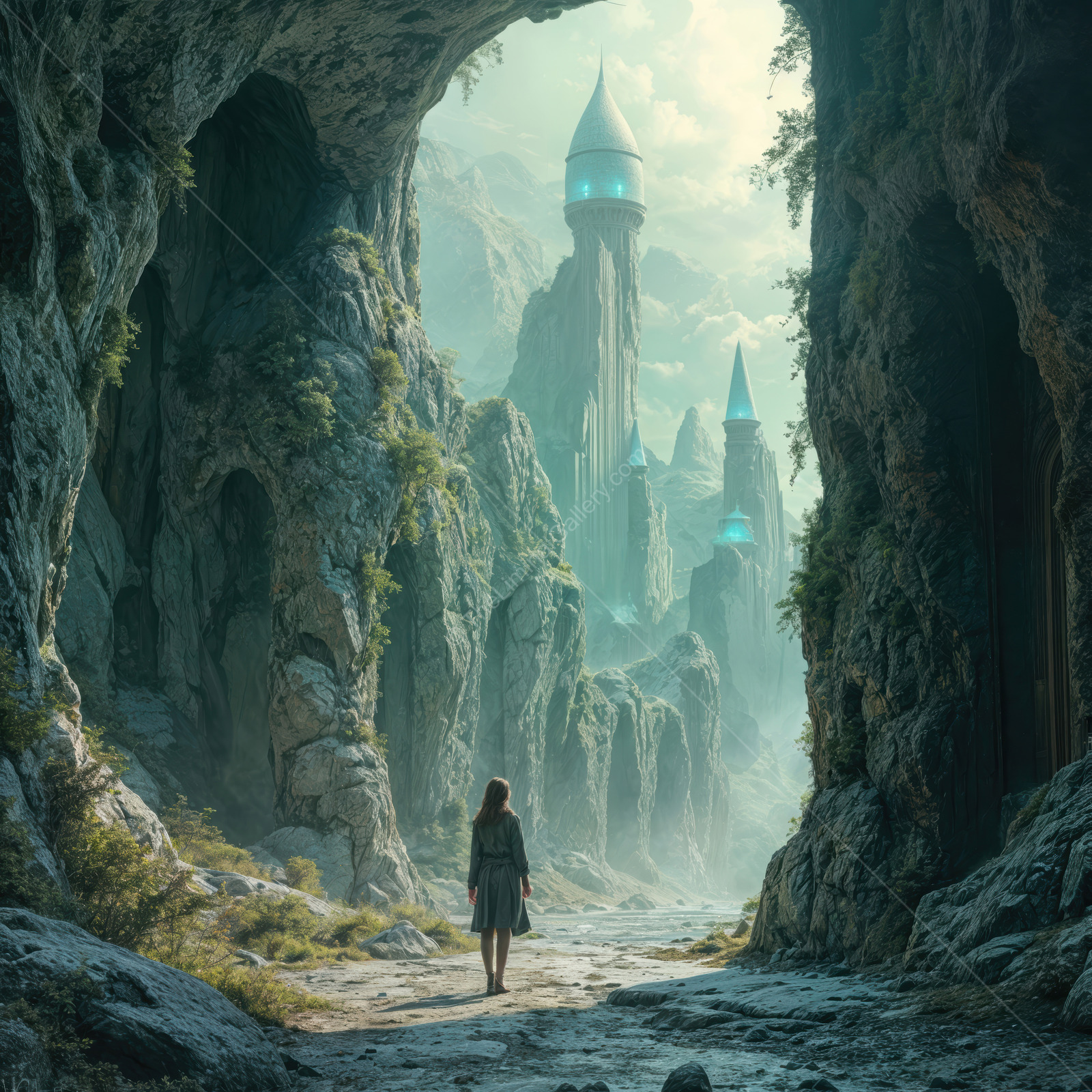 Exploring a mystical valley with towering castles and enchanting scenery under a soft glow