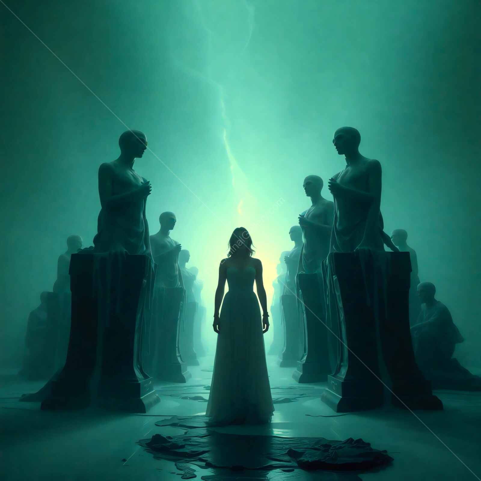 Mystical encounter in a cavernous hall with statues standing sentinel at dusk