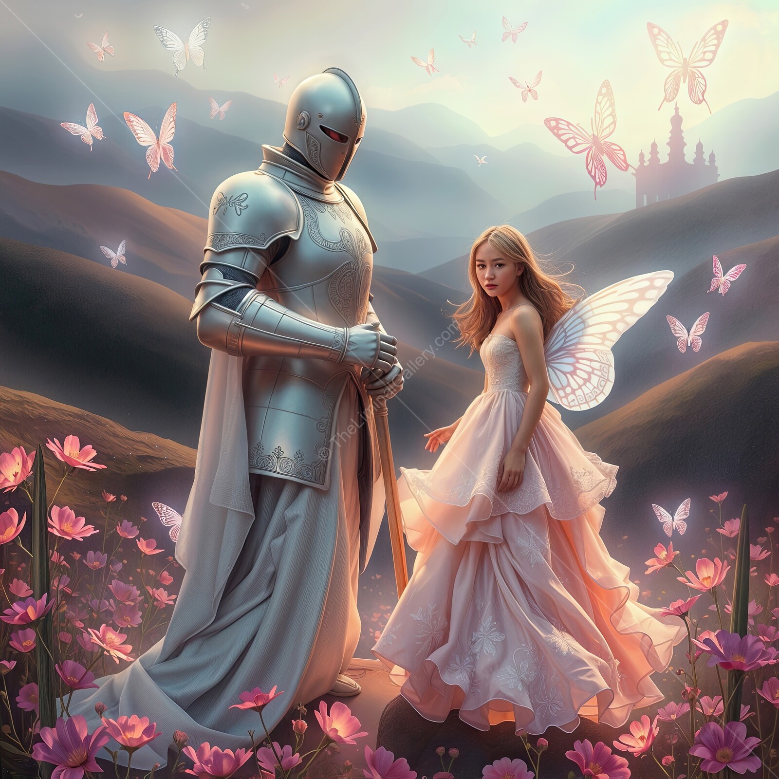 Mystical encounter between a knight and a fairy in a blooming enchanted valley during twilight hours
