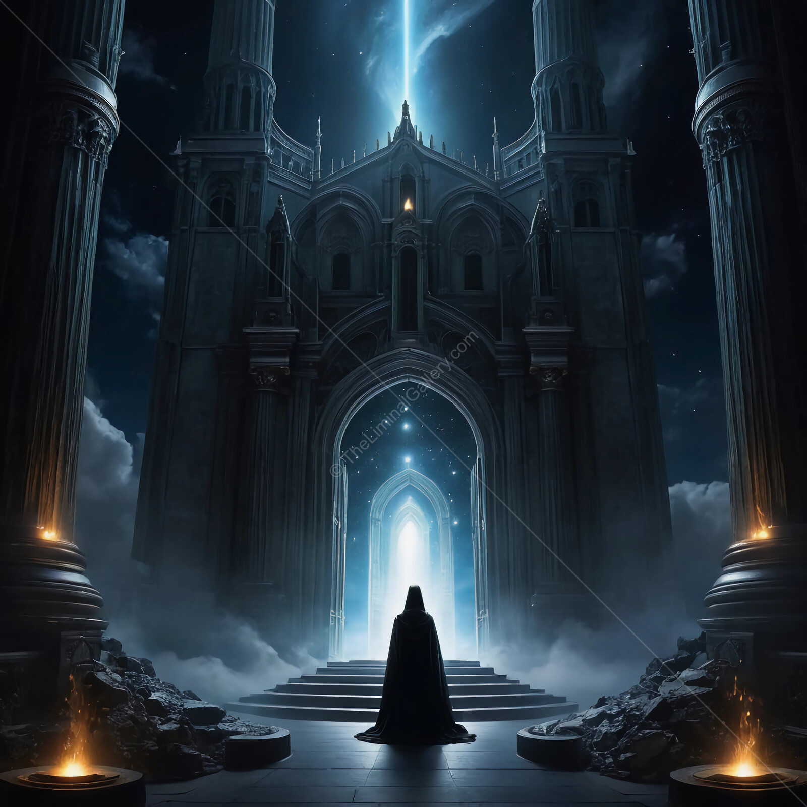 Mystical figure gazes toward the radiant light emanating from a grand archway at twilight
