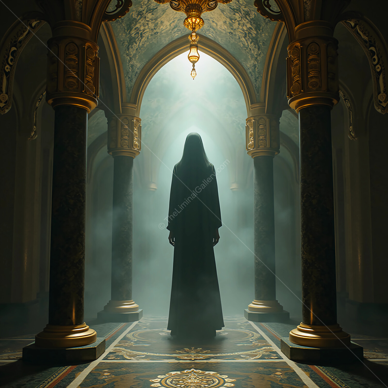 Mystical necromancer in a grand, illuminated hall shrouded in ethereal mist during twilight