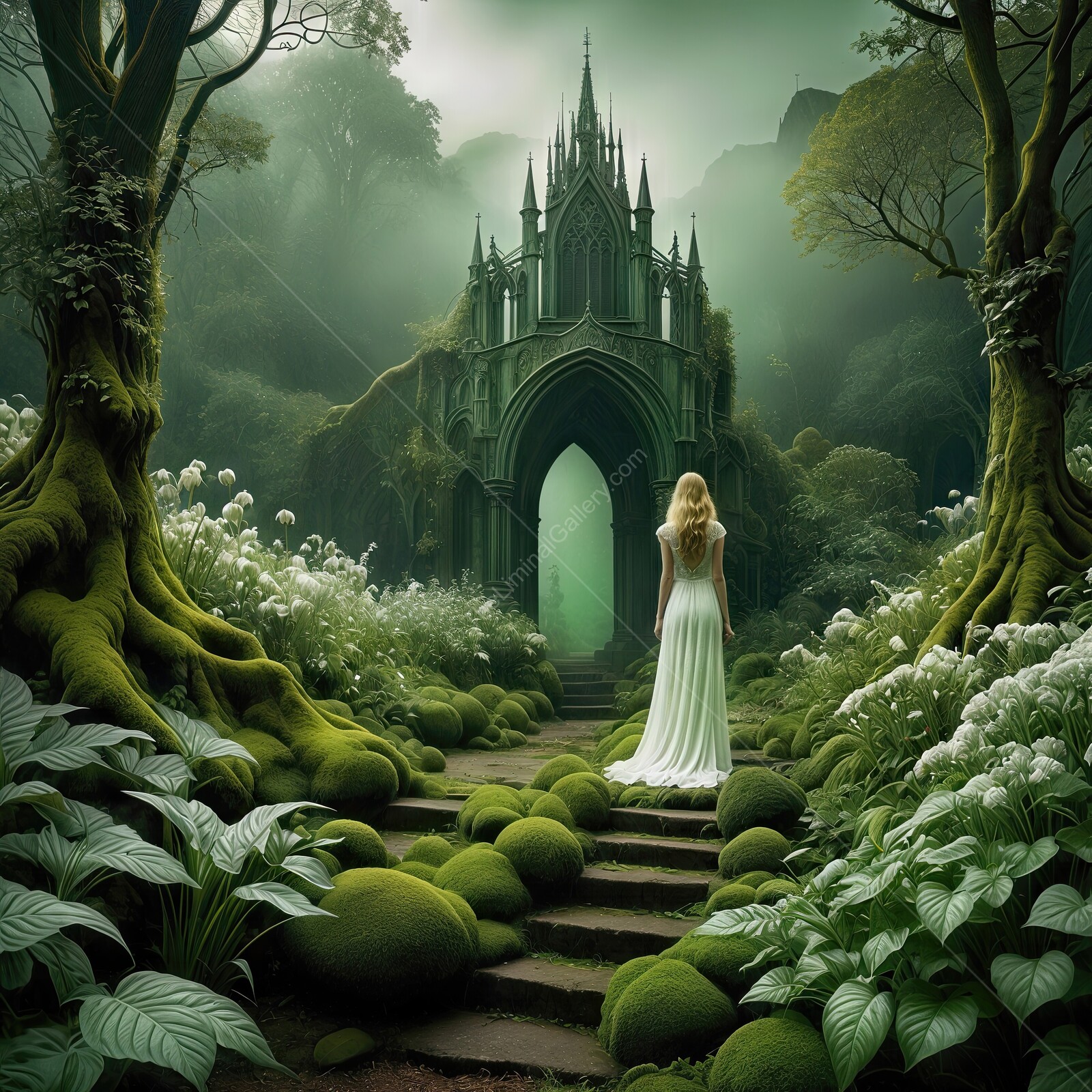 Enchanting journey through a mystical forest with a mysterious castle at dusk