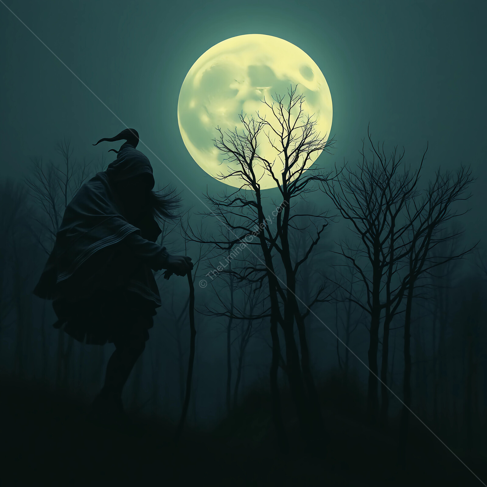 Wandering through a mystical forest under the full moon's glow at midnight