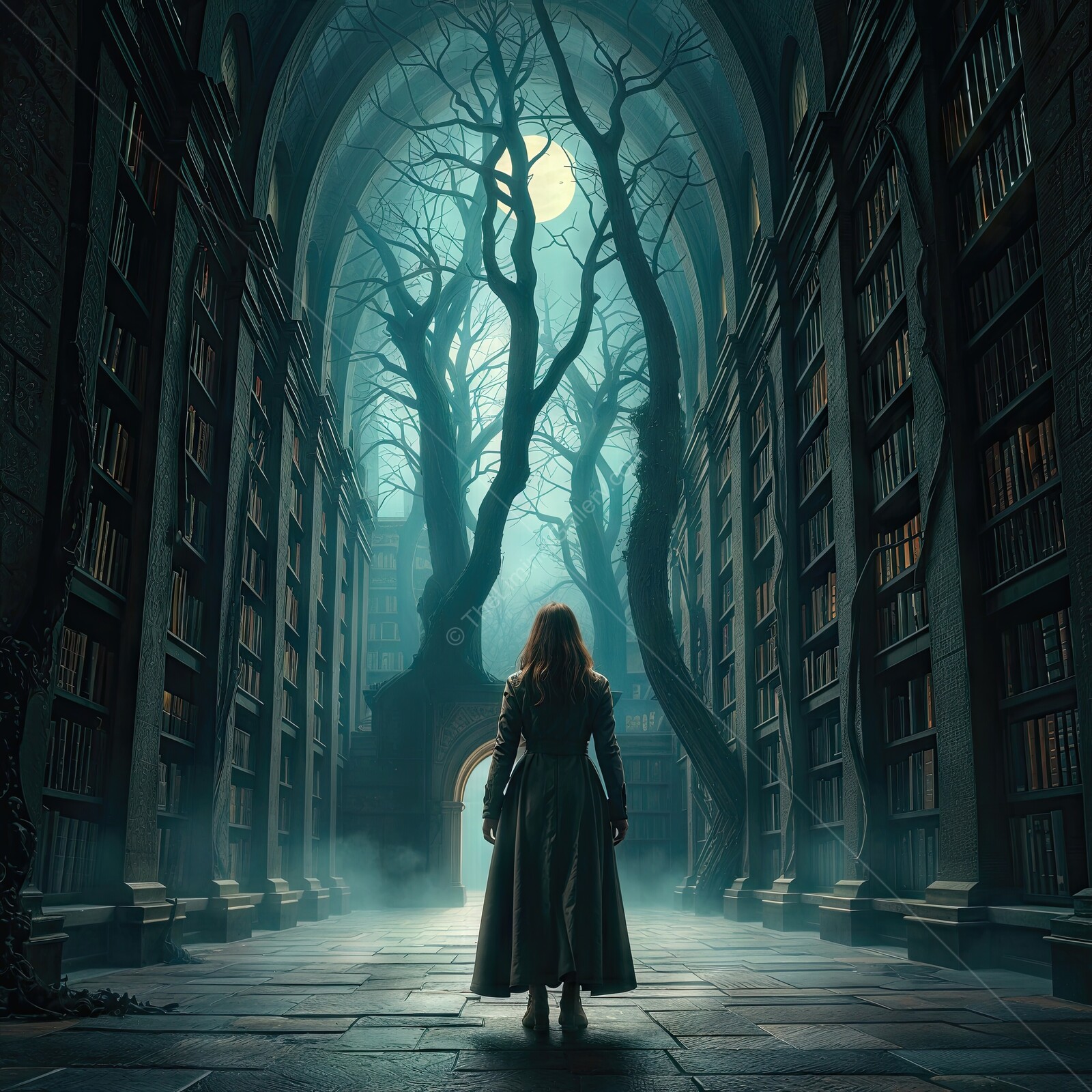 Mystical journey through an ancient library filled with towering books and shadowy trees at twilight