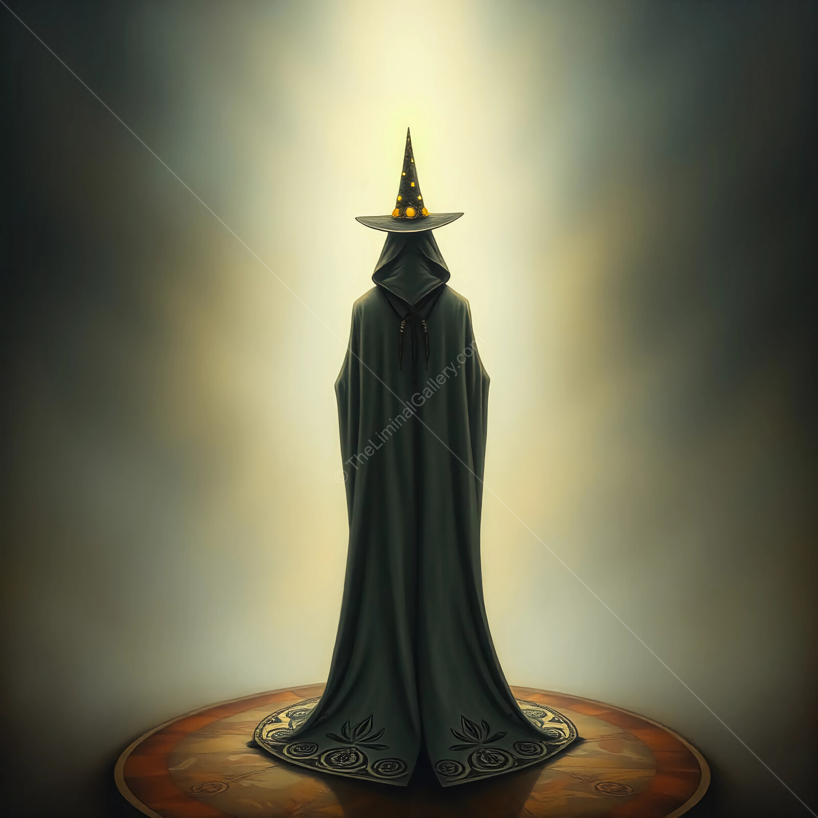 Mystical mage in a cloak and pointed hat standing on an ornate circle with soft light illuminating the background