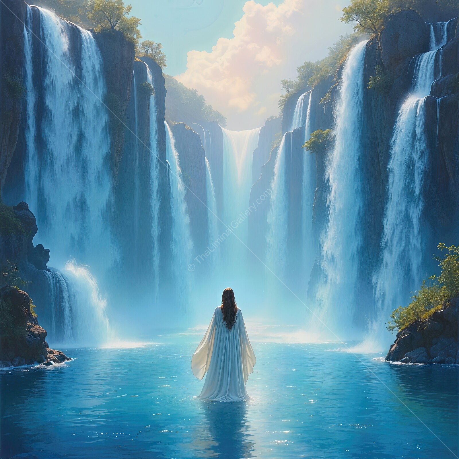 Mystical woman in a flowing gown standing by enchanting waterfalls under a clear sky