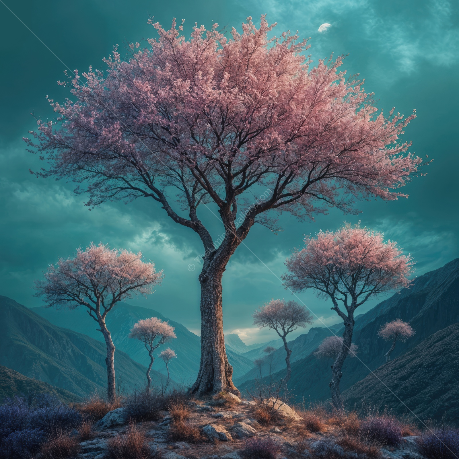 Serene landscape of blooming pink trees under a mystical sky in a tranquil valley at twilight