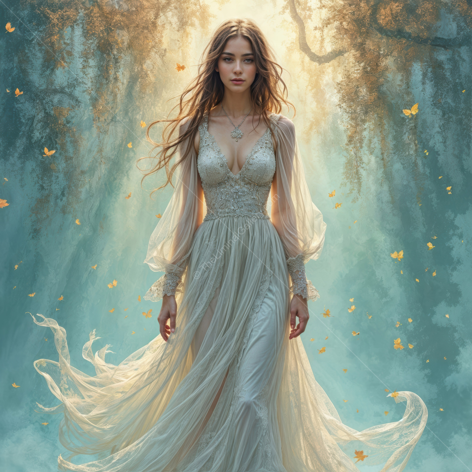 Enchanting princess in a fantasy realm surrounded by wisps of light and fluttering butterflies during a serene twilight hour