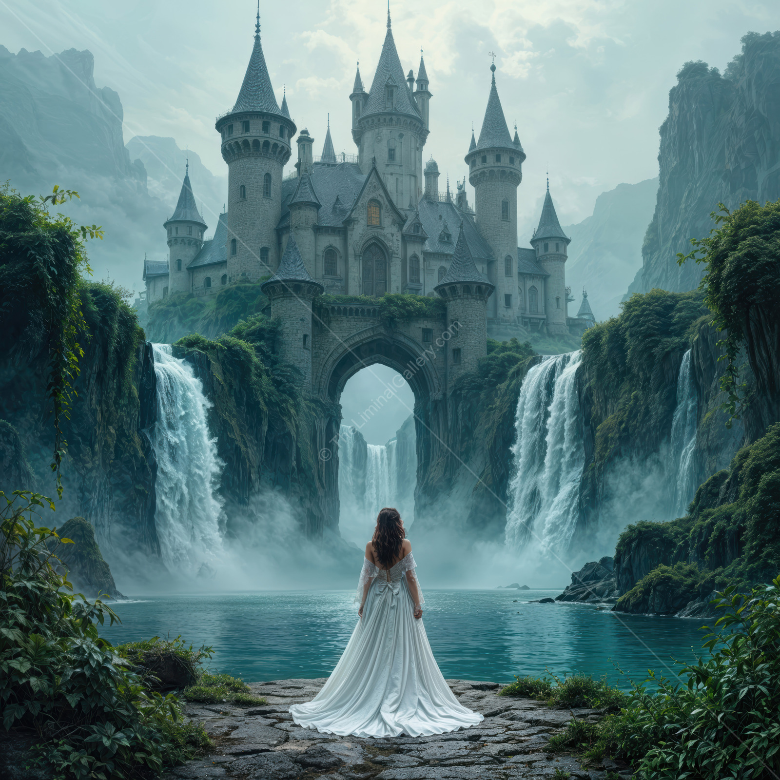 Princess explores a mystical land by a majestic castle and enchanting waterfalls during twilight hours